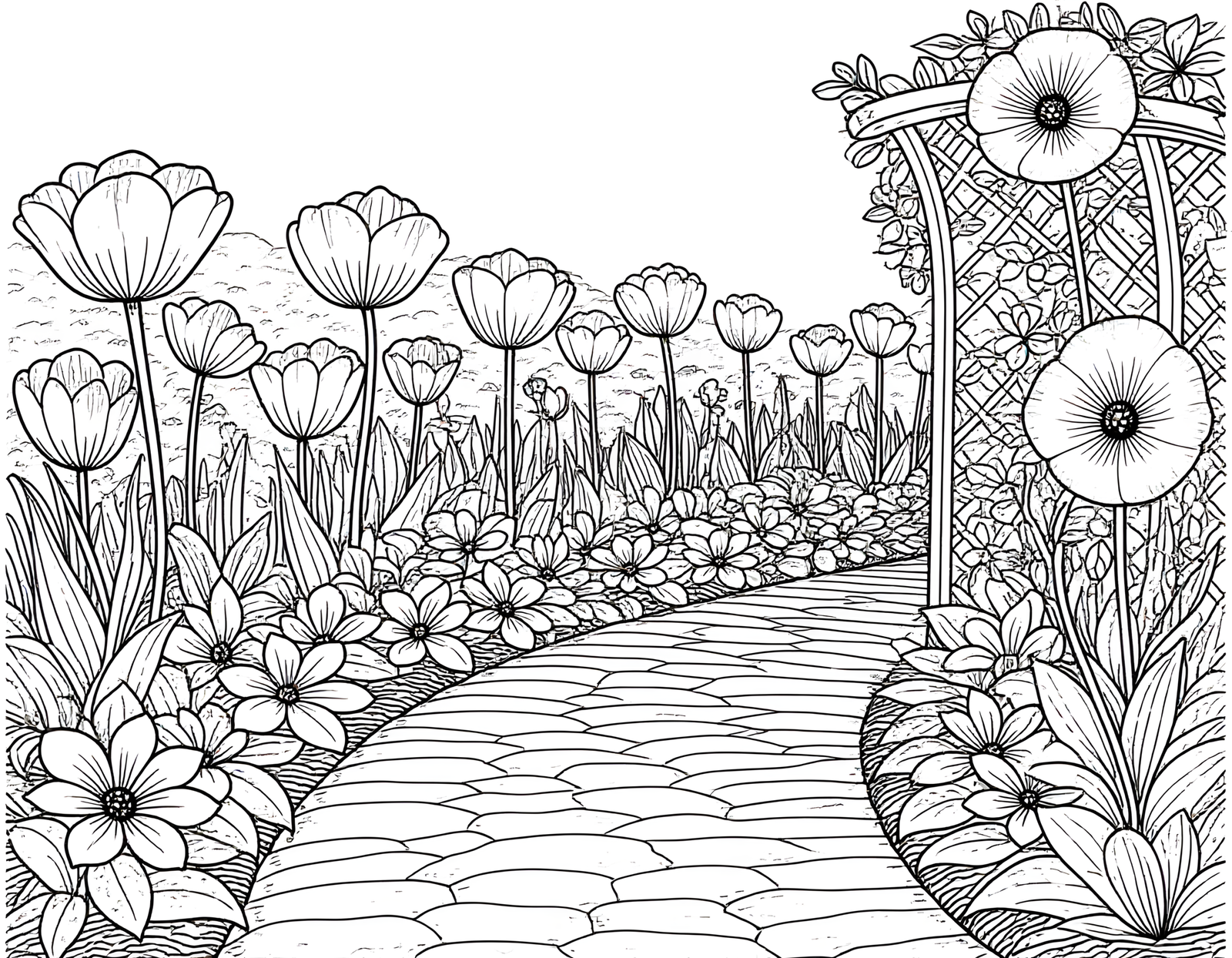 Coloriage jardin tulipes neerlandaises chemin pierreux, variante 4