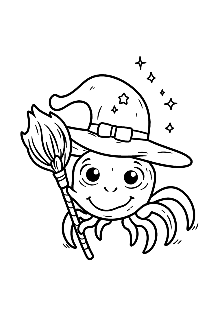 Coloriage Araignée avec chapeau de sorcière et balai à imprimer gratuitement
