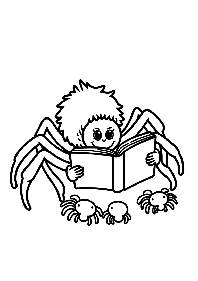 Coloriage Araignée lisant une histoire à ses bébés à imprimer gratuitement