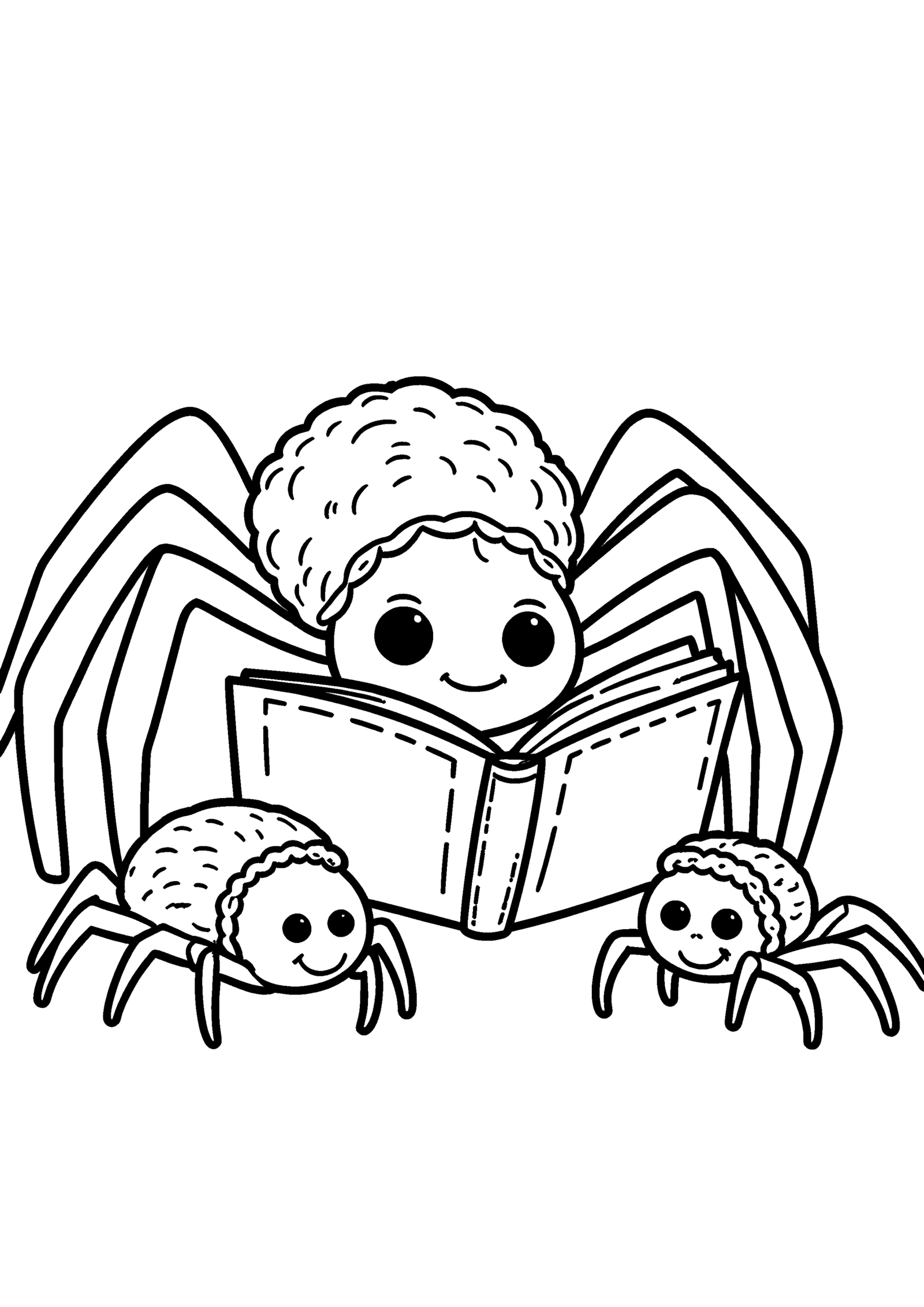 Coloriage Araignée lisant une histoire à ses bébés, variante 2