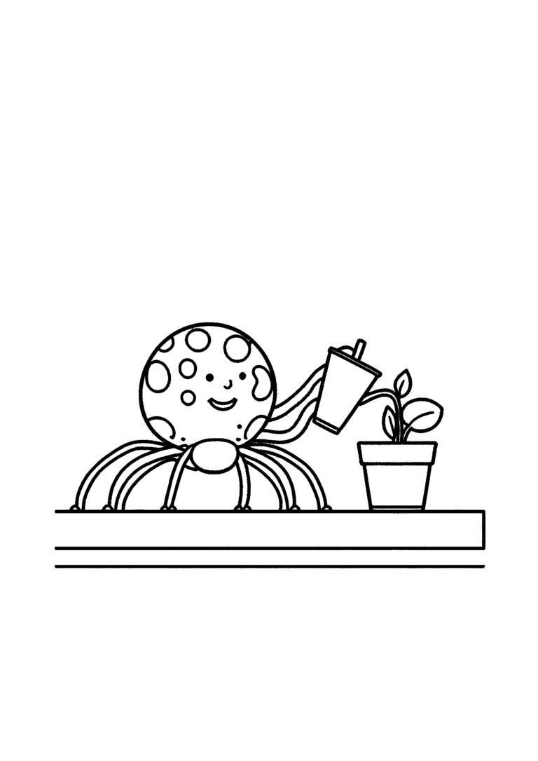 Coloriage Araignée souriante arrosant une plante à imprimer gratuitement