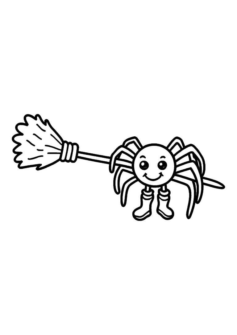 Coloriage Araignée sur un balai bottée à imprimer gratuitement