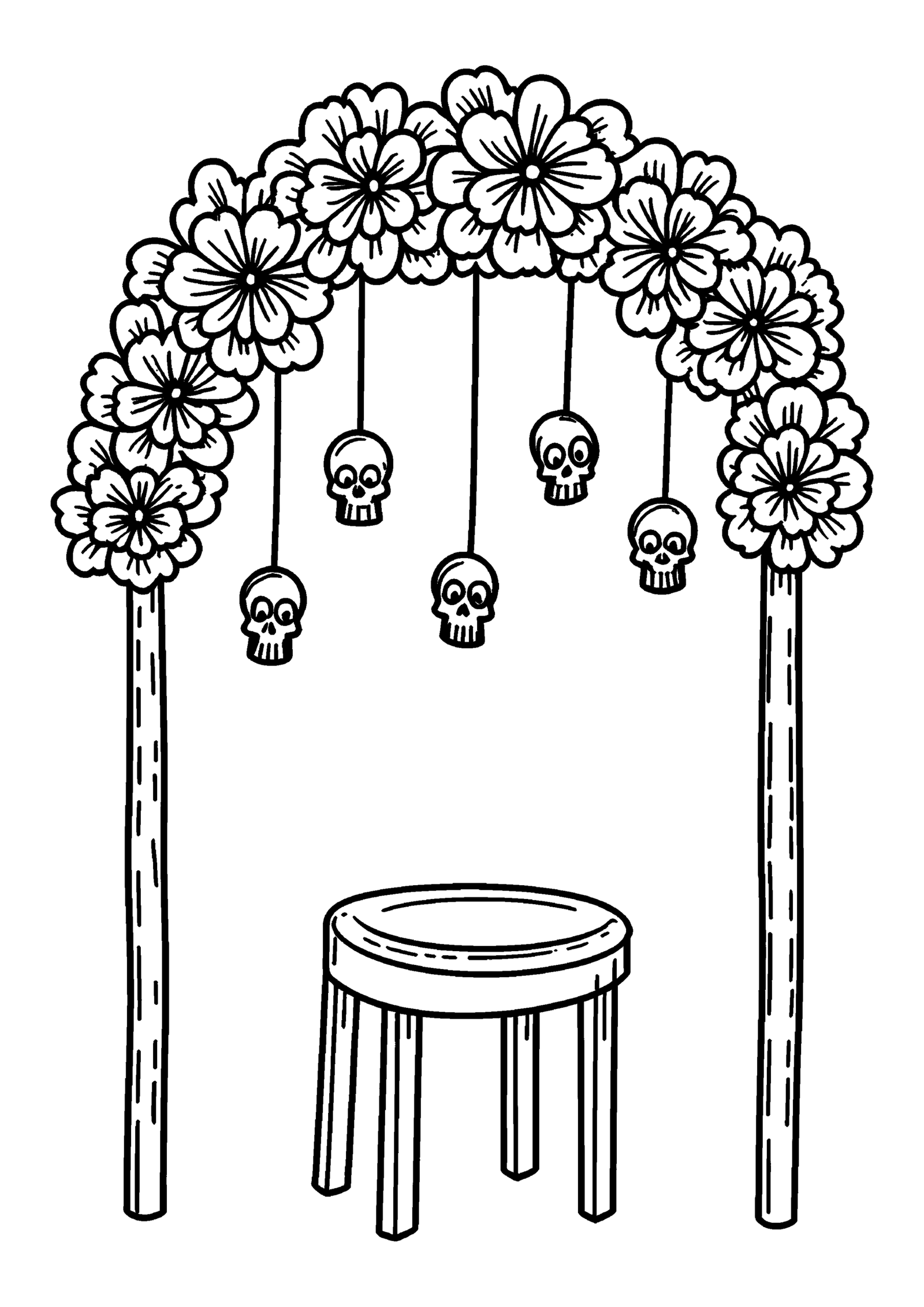 Coloriage Arche de fleurs avec crânes en papier, variante 4