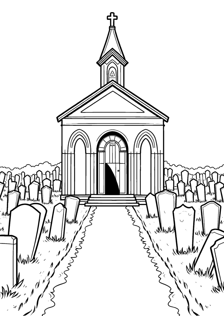 Coloriage Chapelle dans un cimetière à imprimer gratuitement