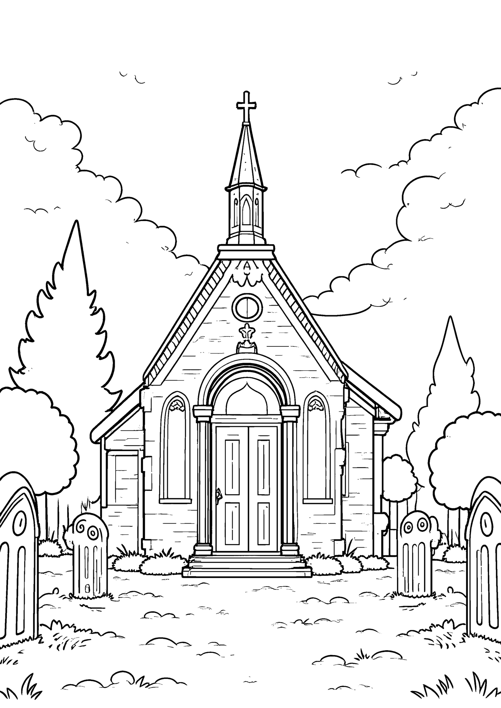 Coloriage Chapelle dans un cimetière, variante 2