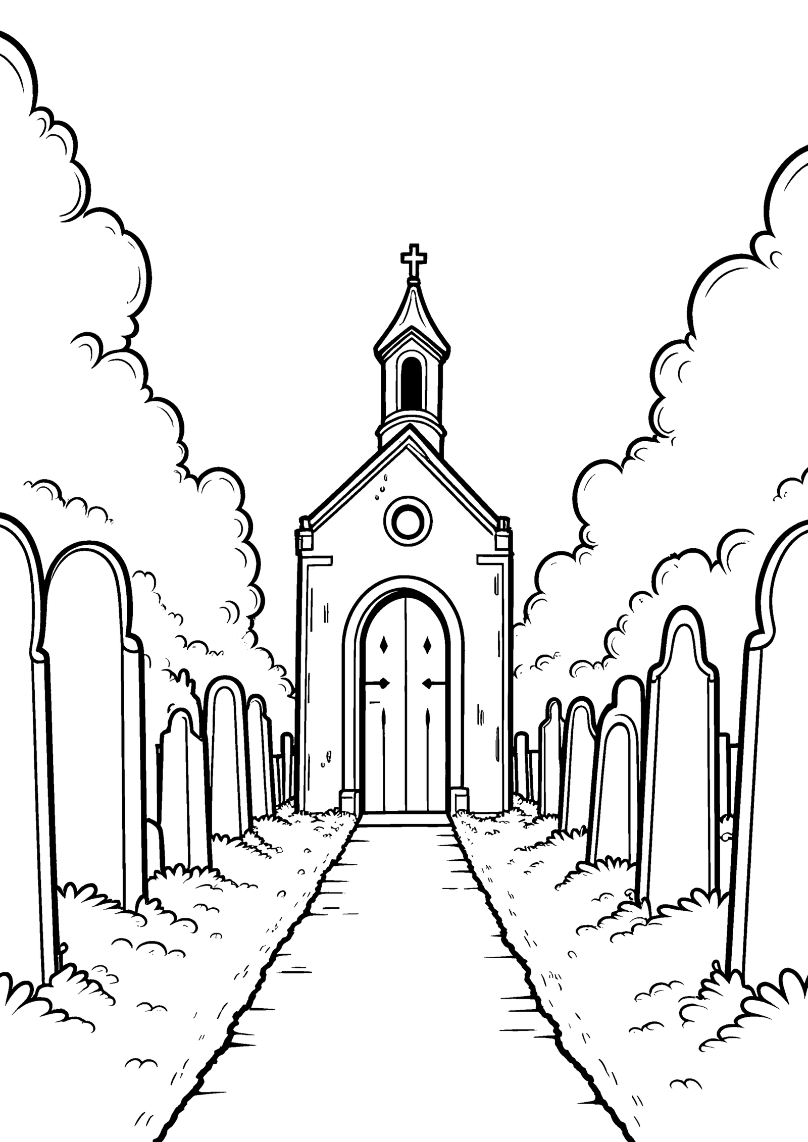 Coloriage Chapelle dans un cimetière, variante 3