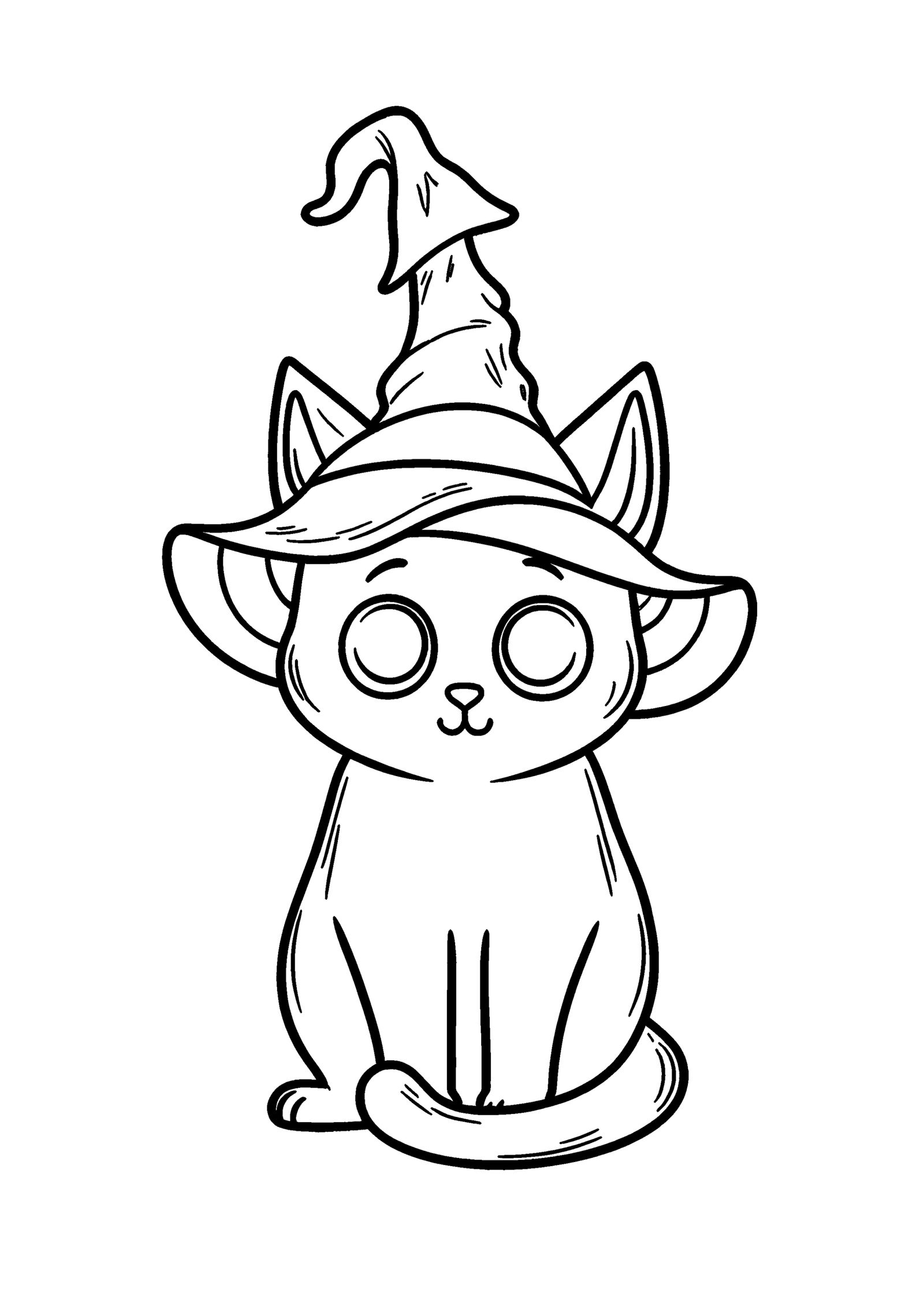 Coloriage Chat noir ensommeillé au chapeau de sorcière, variante 1