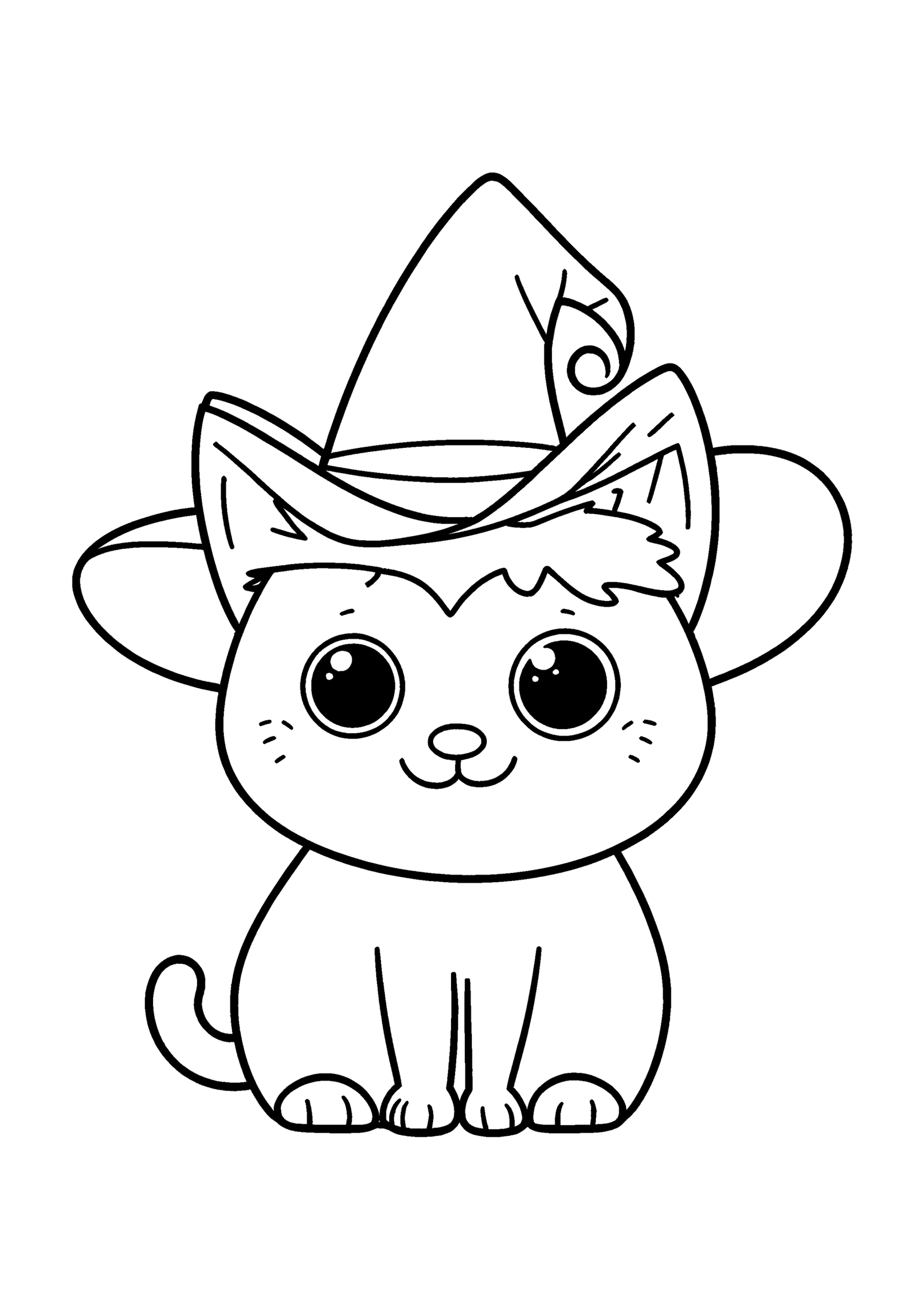 Coloriage Chat noir ensommeillé au chapeau de sorcière, variante 2