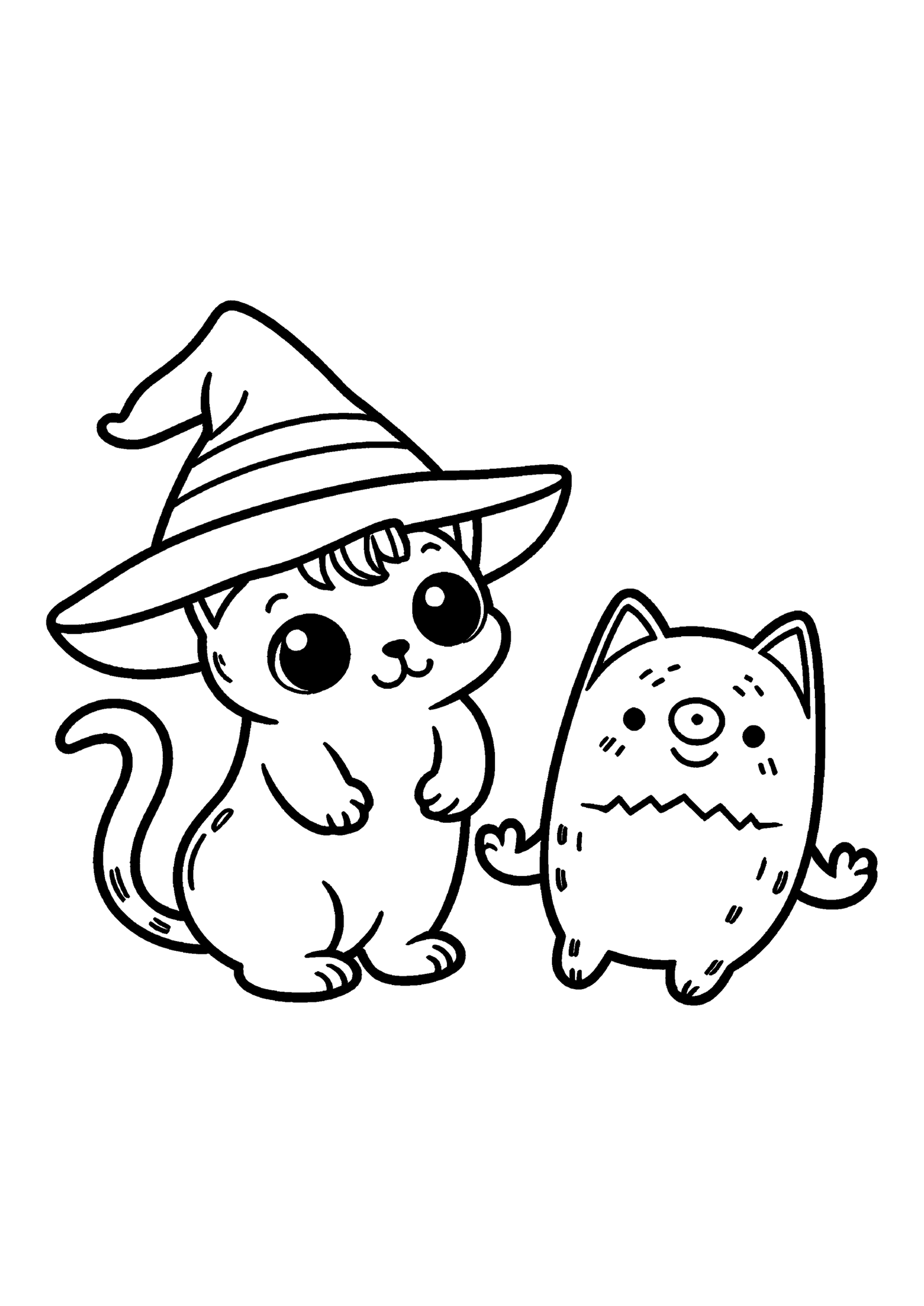 Coloriage Chat noir et petit monstre, variante 3