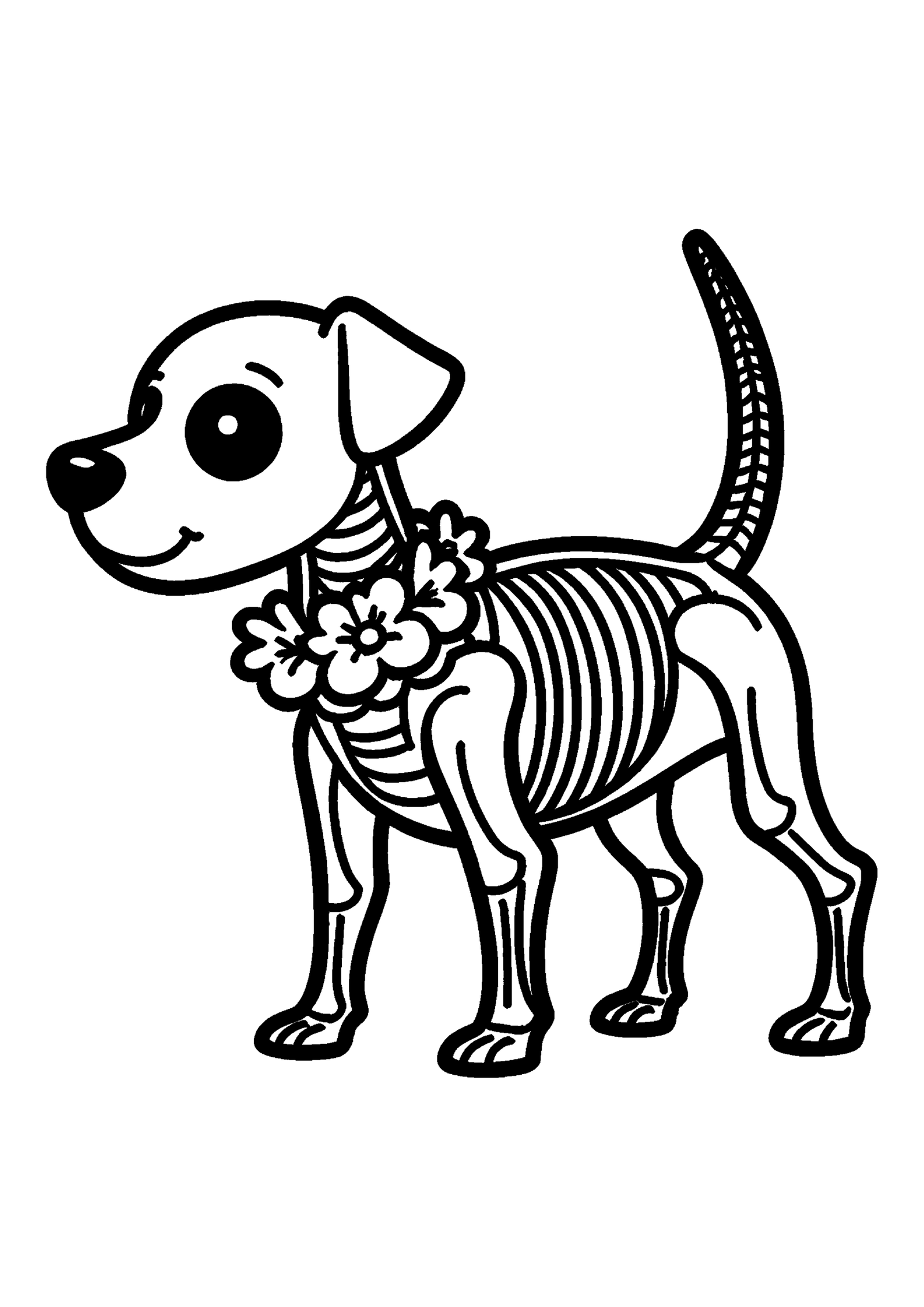 Coloriage Chien squelette avec collier de fleurs à imprimer