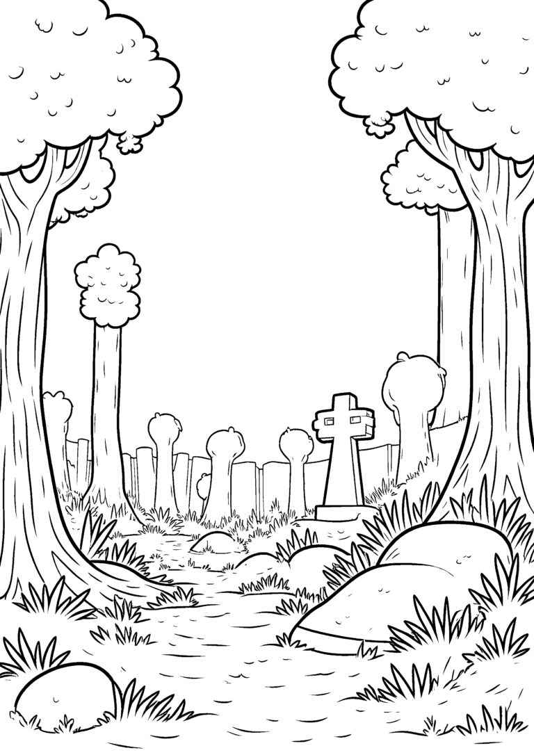 Coloriage Cimetière à l'orée d'une forêt sombre à imprimer gratuitement