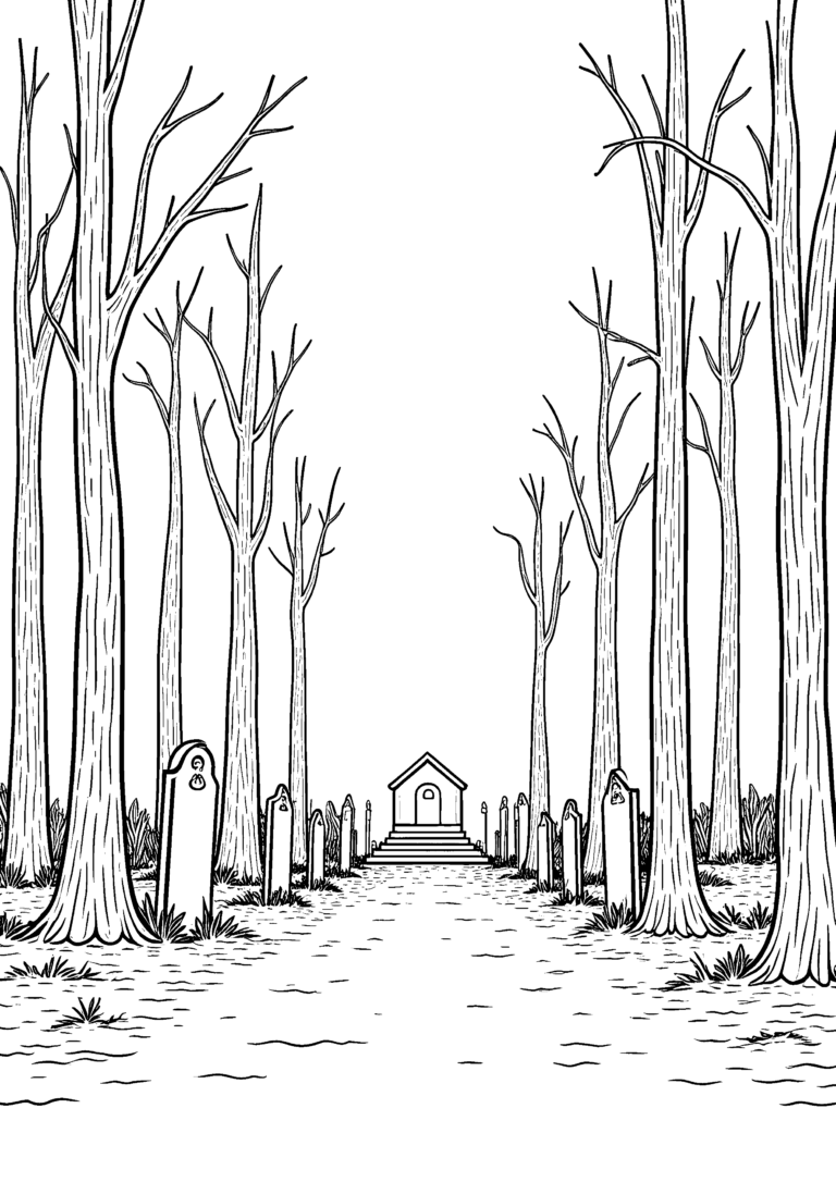 Coloriage Cimetière en lisière de forêt à imprimer gratuitement