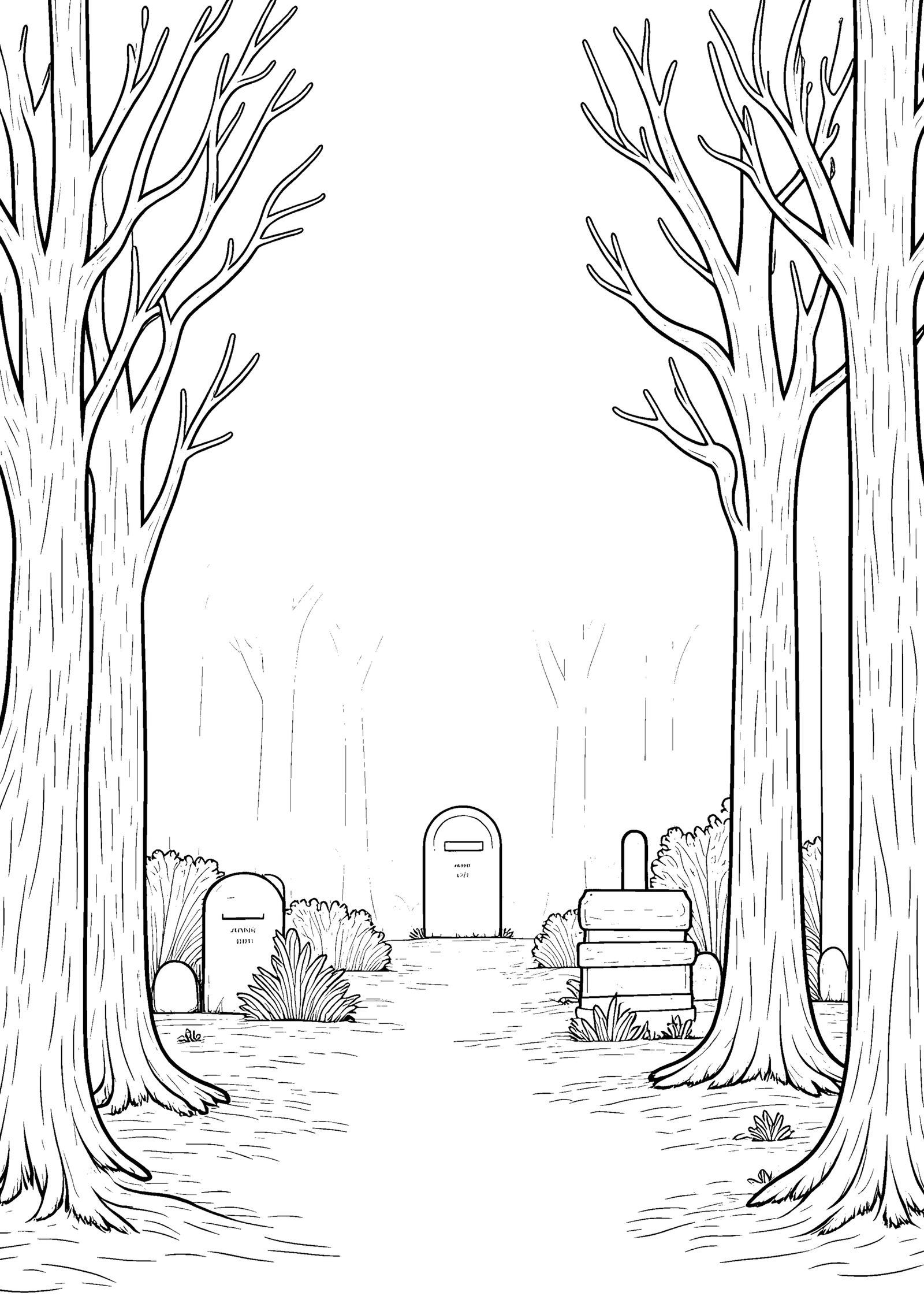 Coloriage Cimetière en lisière de forêt, variante 2
