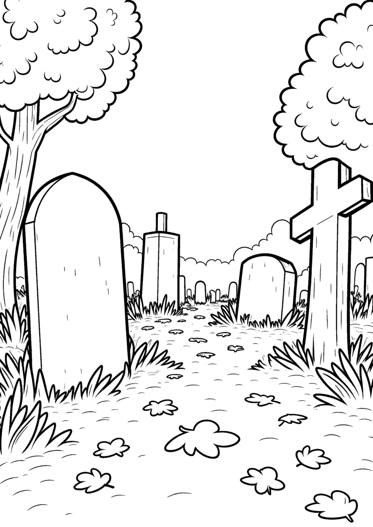 Coloriage Cimetière sous les feuilles d'automne à minuit à imprimer gratuitement