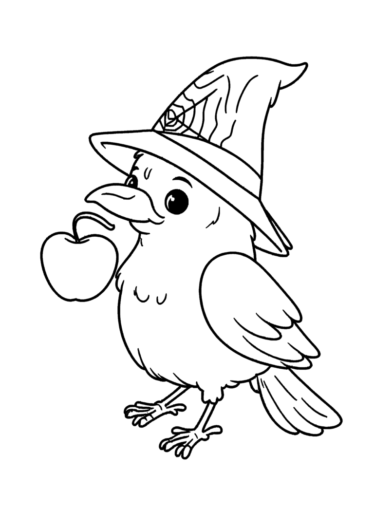 Coloriage Corbeau au chapeau et à la pomme d'amour à imprimer gratuitement
