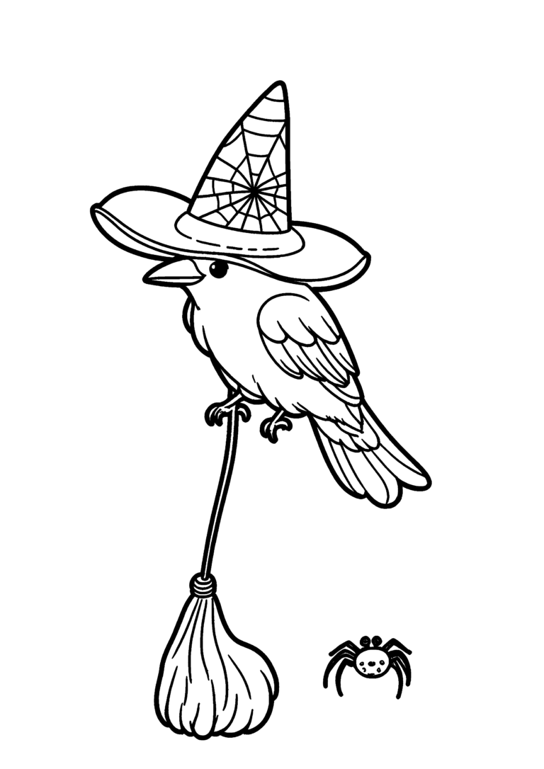 Coloriage Corbeau sur balai avec araignée à imprimer gratuitement