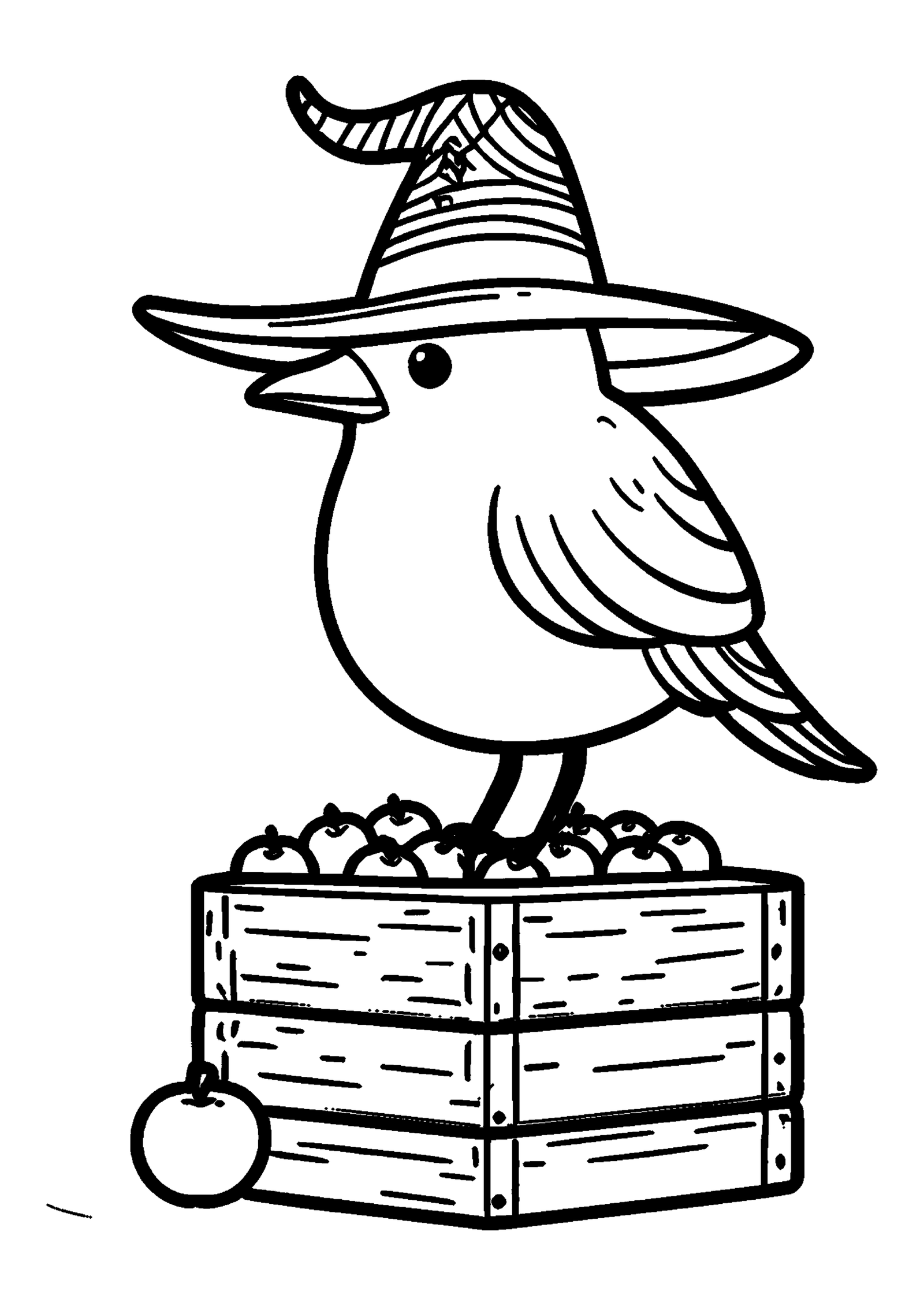 Coloriage Corbeau sur caisse de pommes, variante 2