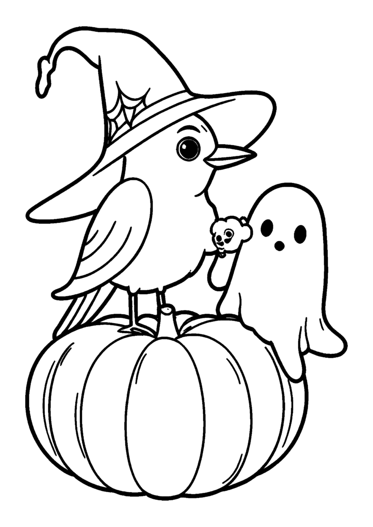 Coloriage Corbeau sur citrouille avec fantôme à imprimer gratuitement
