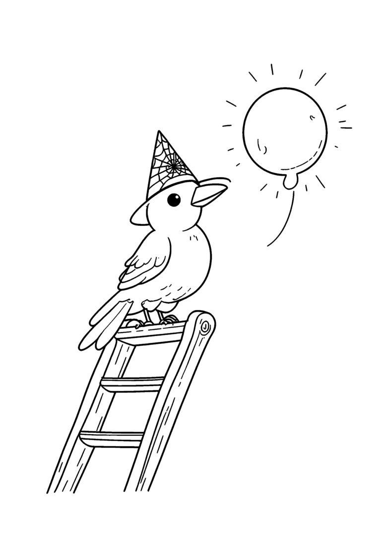 Coloriage Corbeau sur échelle en bois à imprimer gratuitement