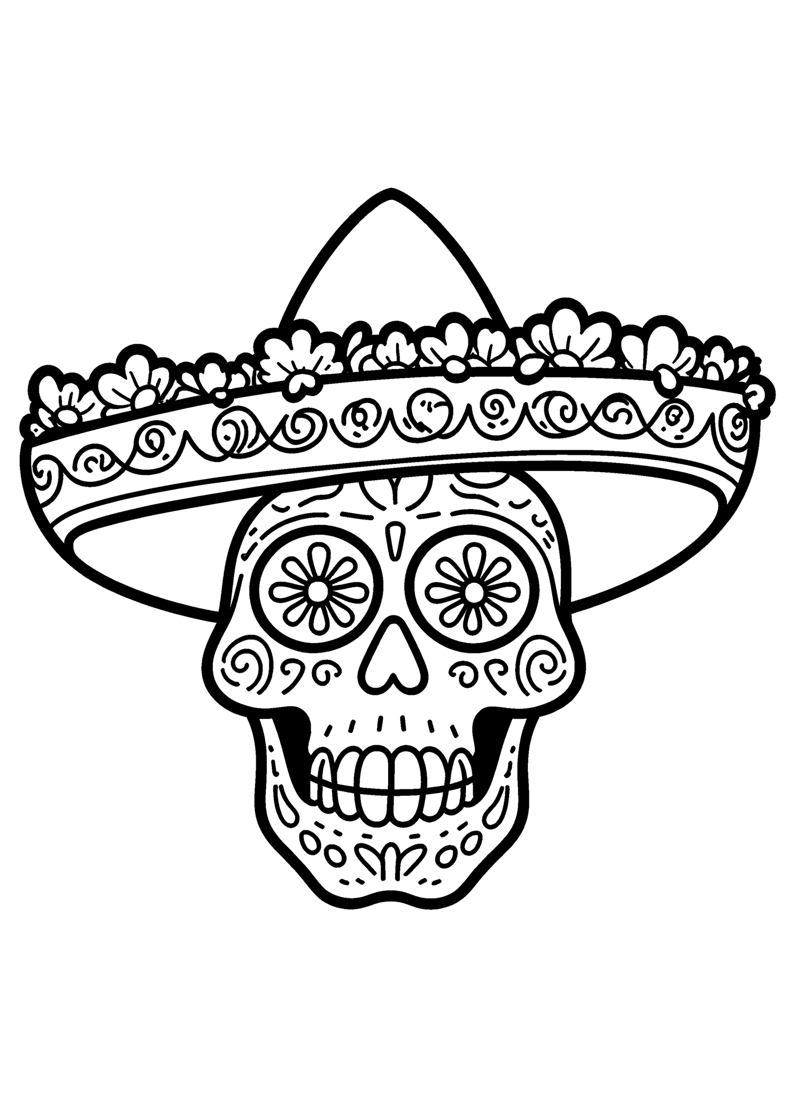 Coloriage Crâne de sucre au sombrero fleuri, variante 2