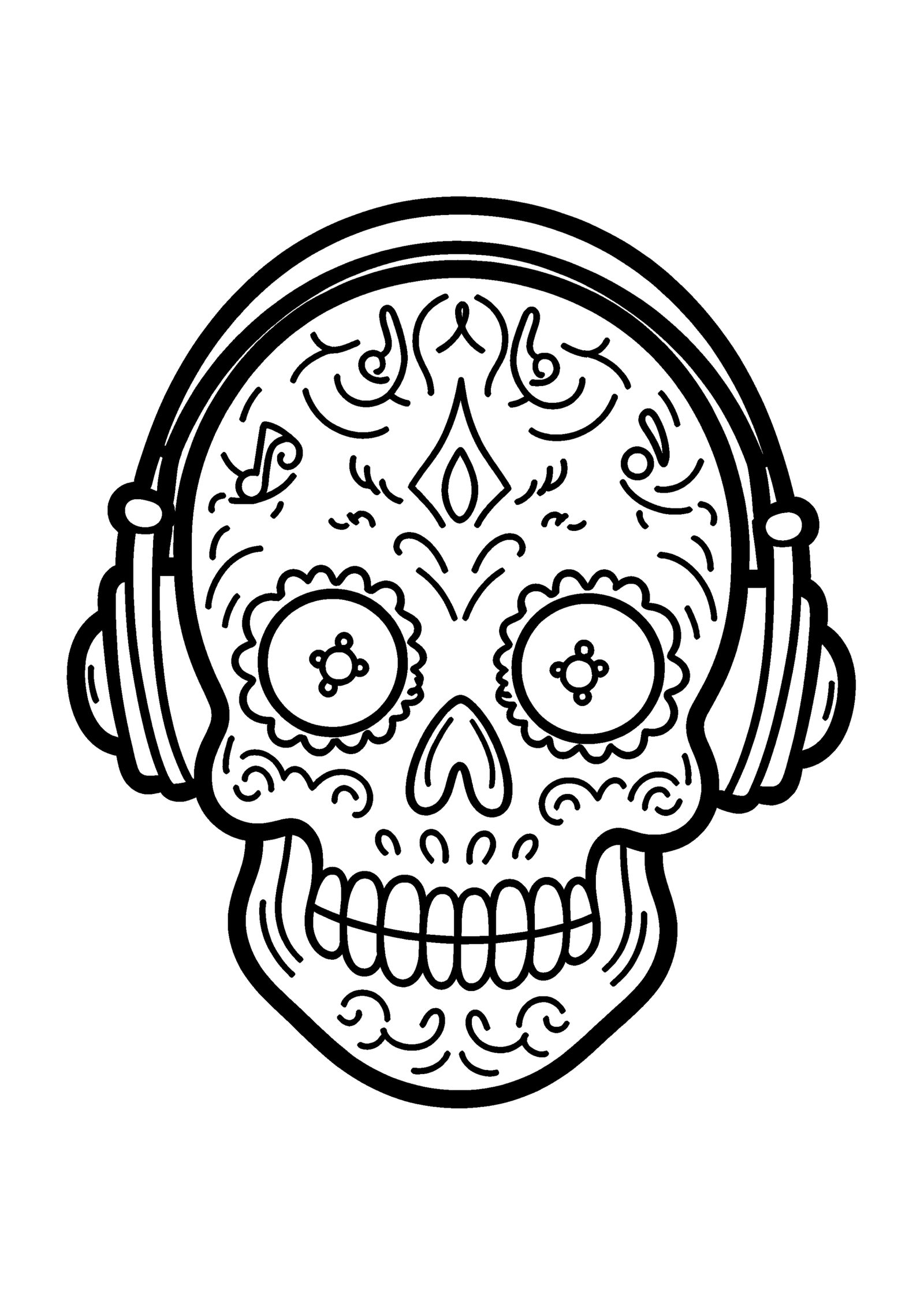 Coloriage Crâne de sucre avec casque audio à imprimer gratuitement
