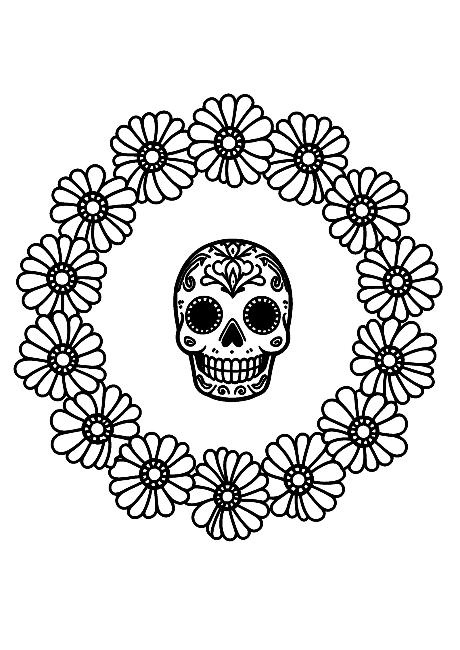 Coloriage Crâne en sucre fleuri, variante 2