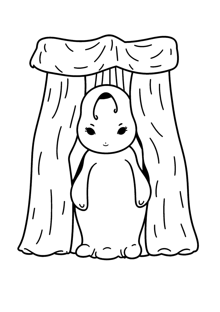 Coloriage Créature derrière le rideau d'une nurserie à imprimer gratuitement