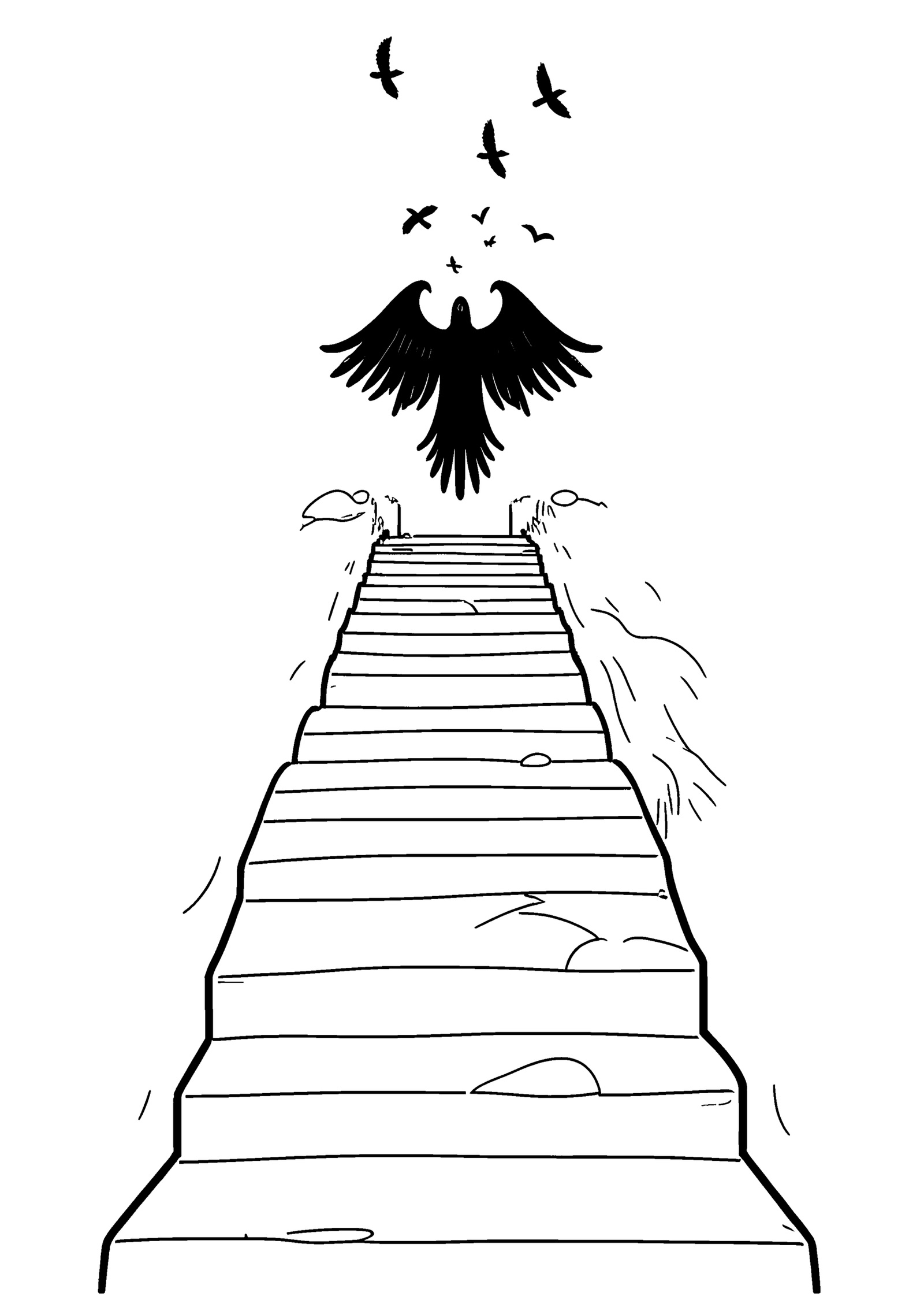 Coloriage Créature survolant un escalier, variante 2