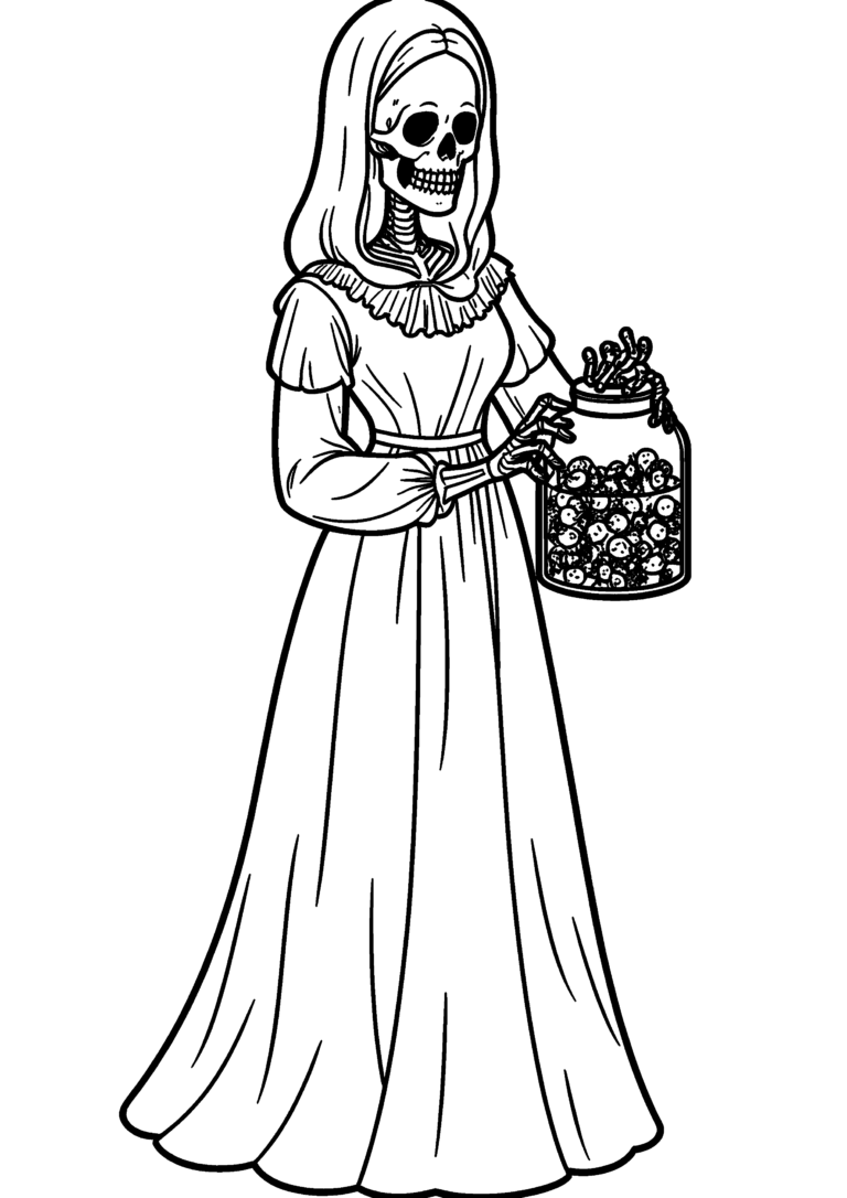 Coloriage Dame squelette au bocal d'araignées à imprimer gratuitement