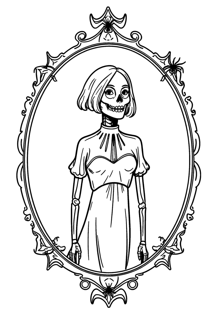 Coloriage Dame squelette au cadre ovale à imprimer gratuitement