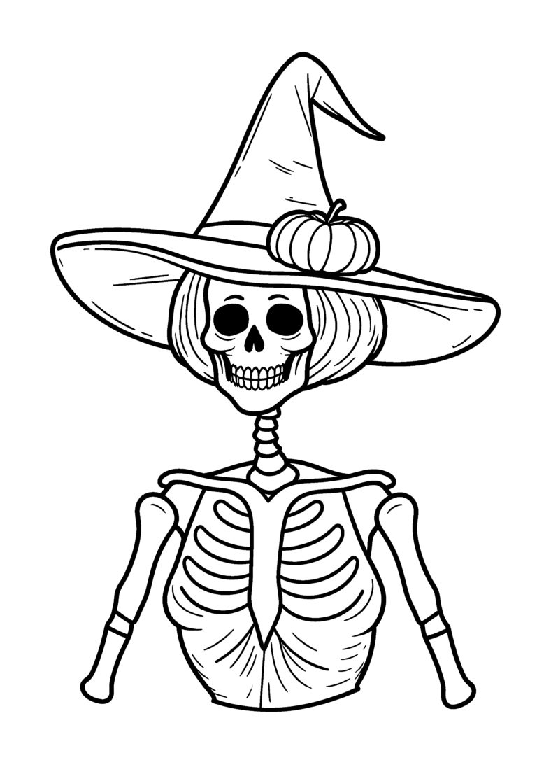 Coloriage Dame squelette au chapeau de sorcière à imprimer gratuitement