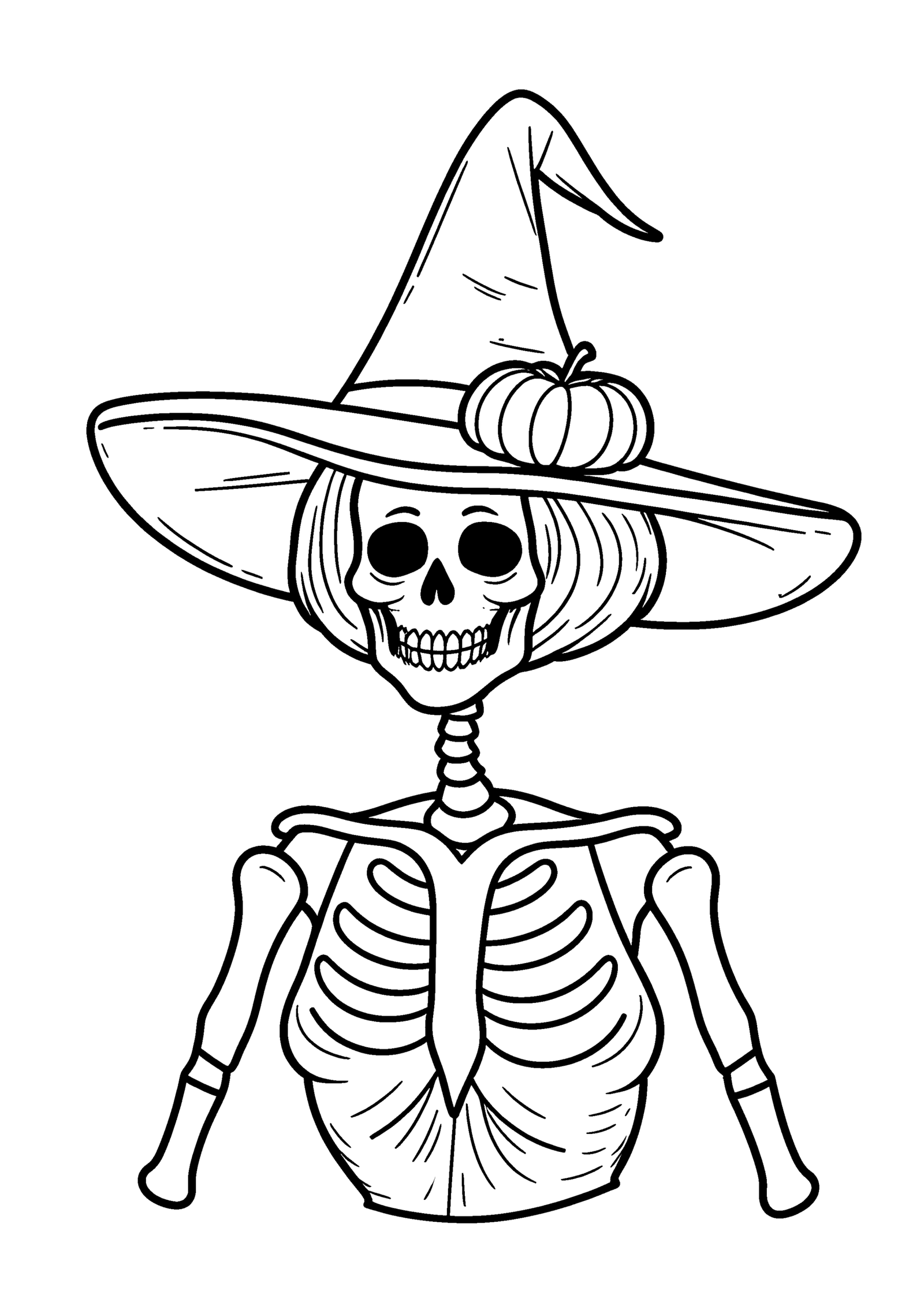 Coloriage Dame squelette au chapeau de sorcière à imprimer