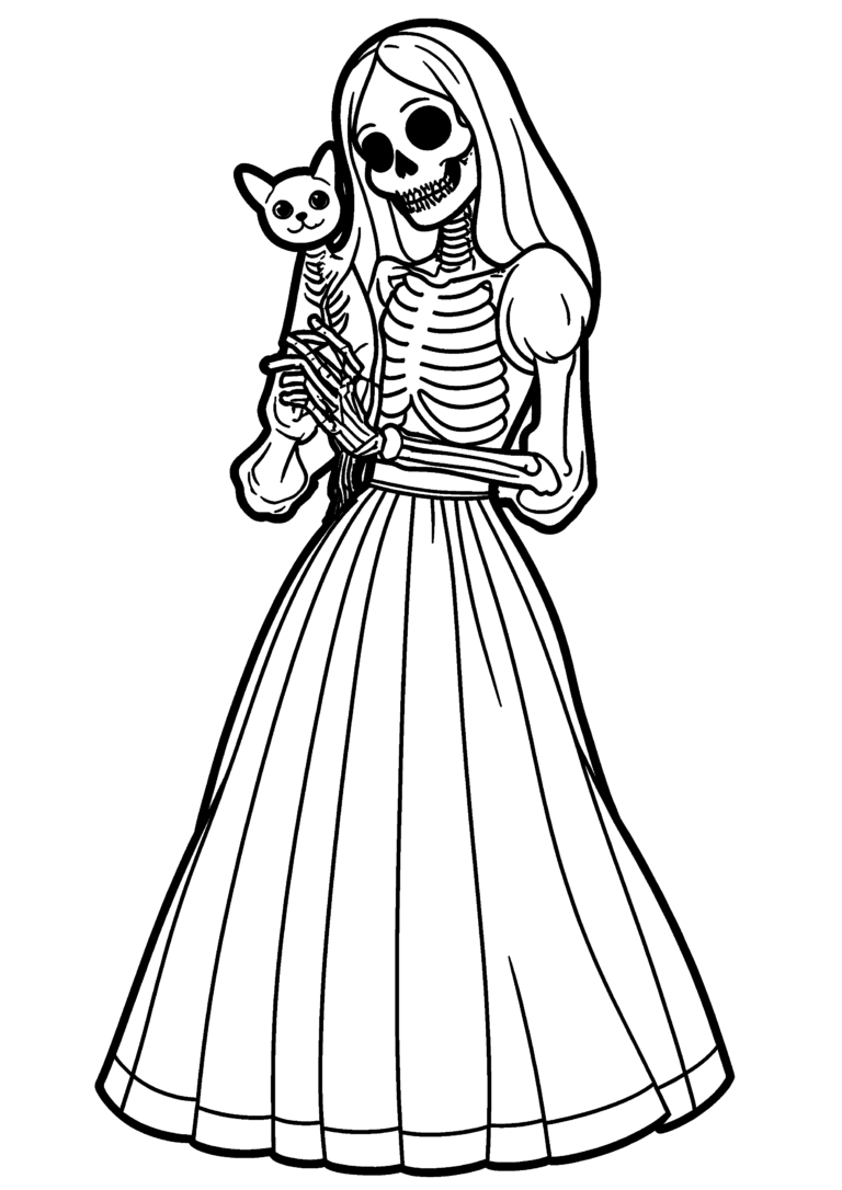 Coloriage Dame squelette au chat noir à imprimer gratuitement