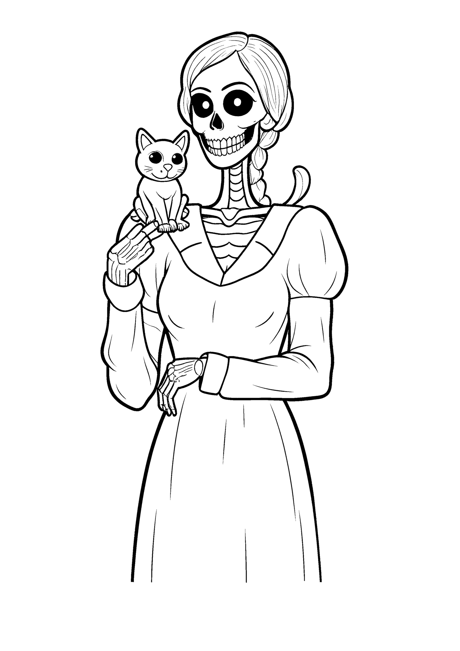 Coloriage Dame squelette au chat noir, variante 2