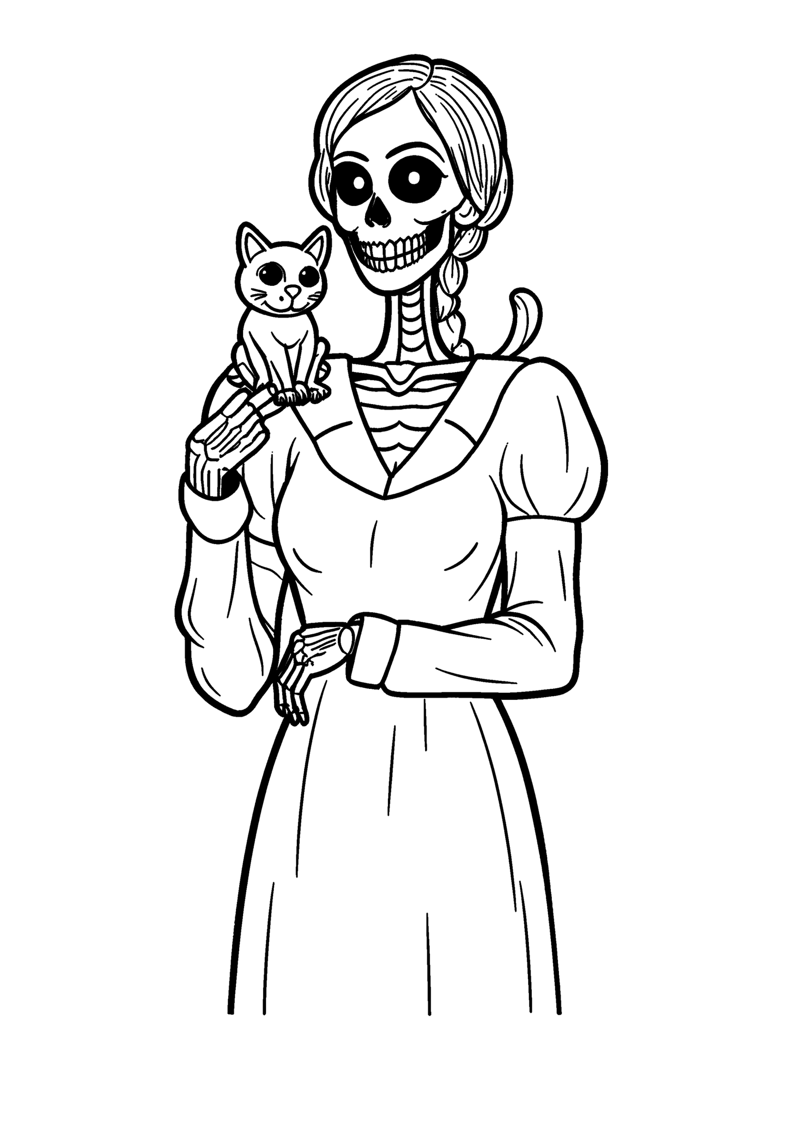 Coloriage Dame squelette au chat noir, variante 3