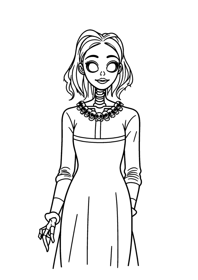 Coloriage Dame squelette au collier de crânes à imprimer gratuitement