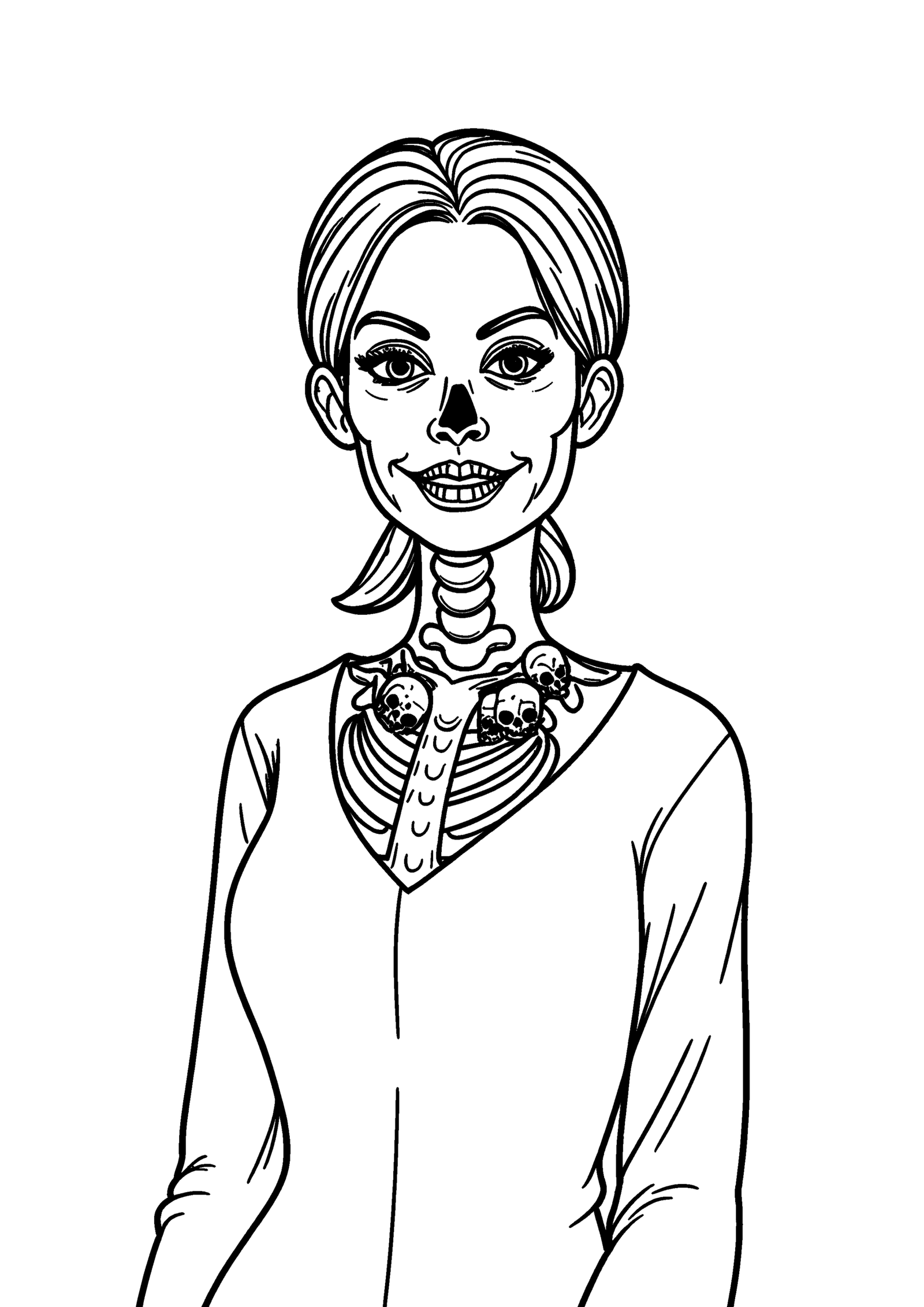 Coloriage Dame squelette au collier de crânes, variante 2