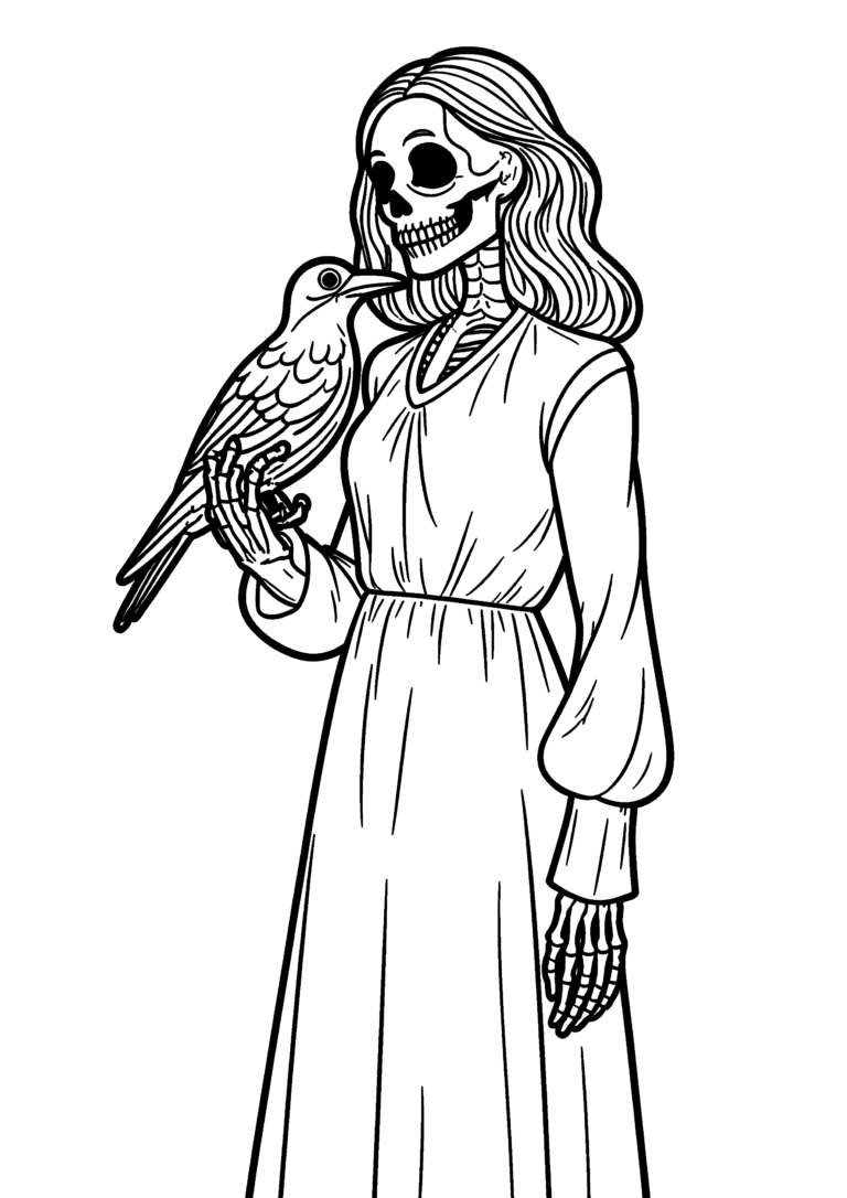Coloriage Dame squelette au corbeau à imprimer gratuitement