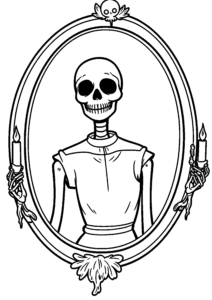 Dame squelette au miroir rond