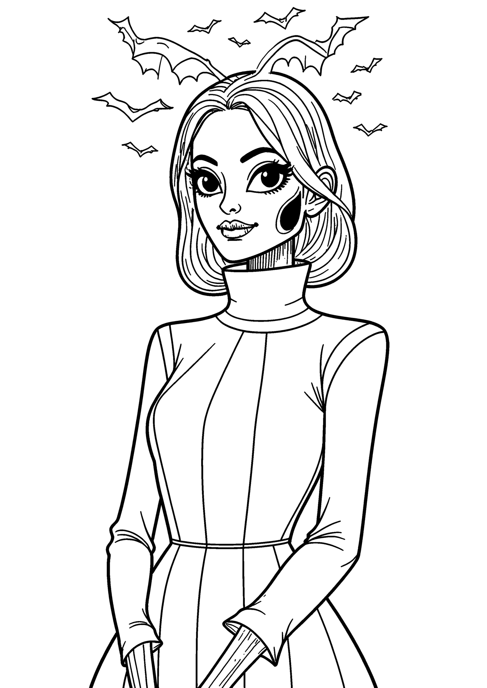 Coloriage Dame squelette avec chauves-souris, variante 2
