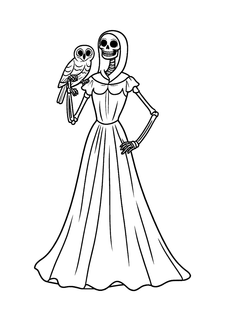 Coloriage Dame squelette avec chouette à imprimer gratuitement