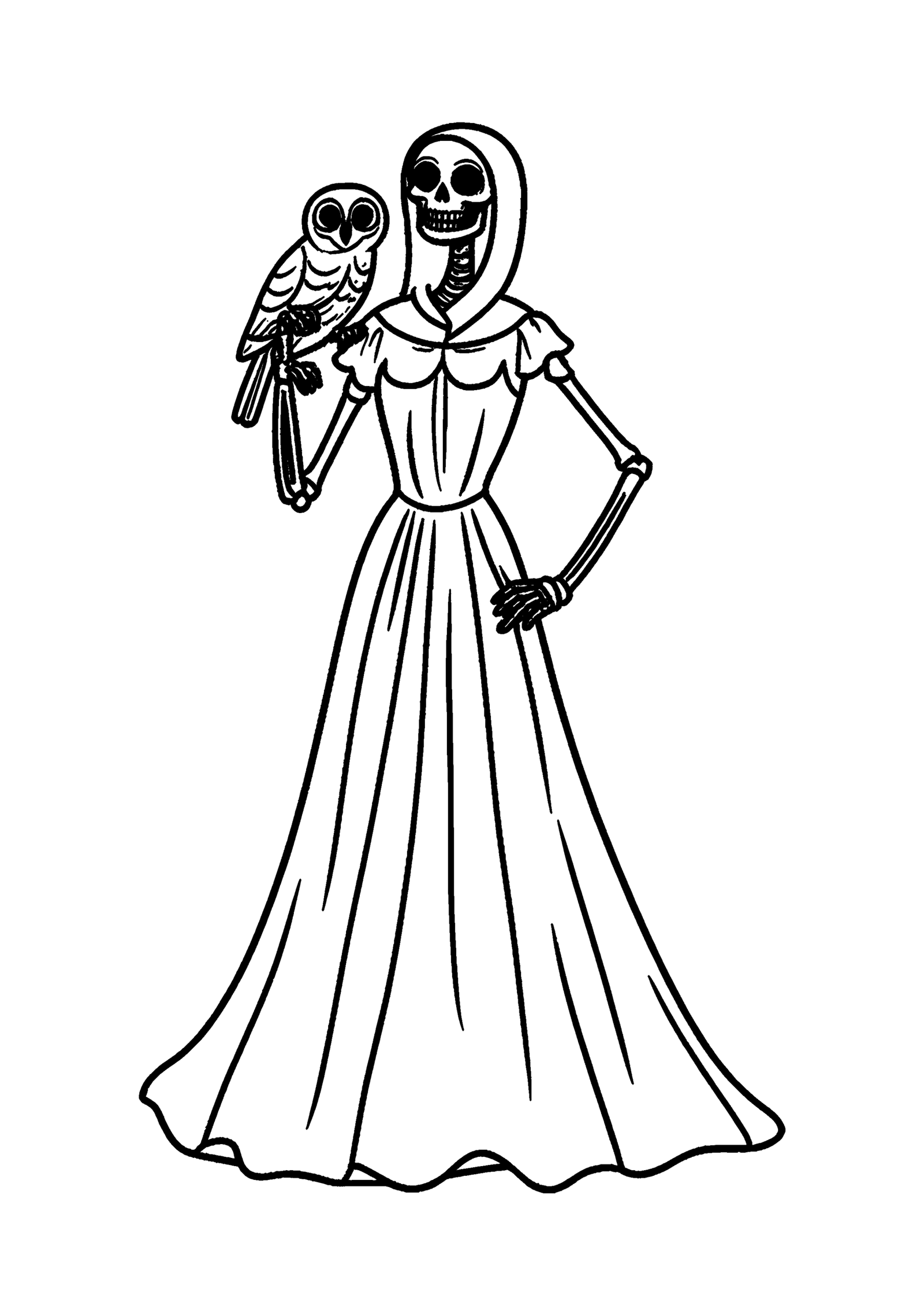 Coloriage Dame squelette avec chouette, variante 2