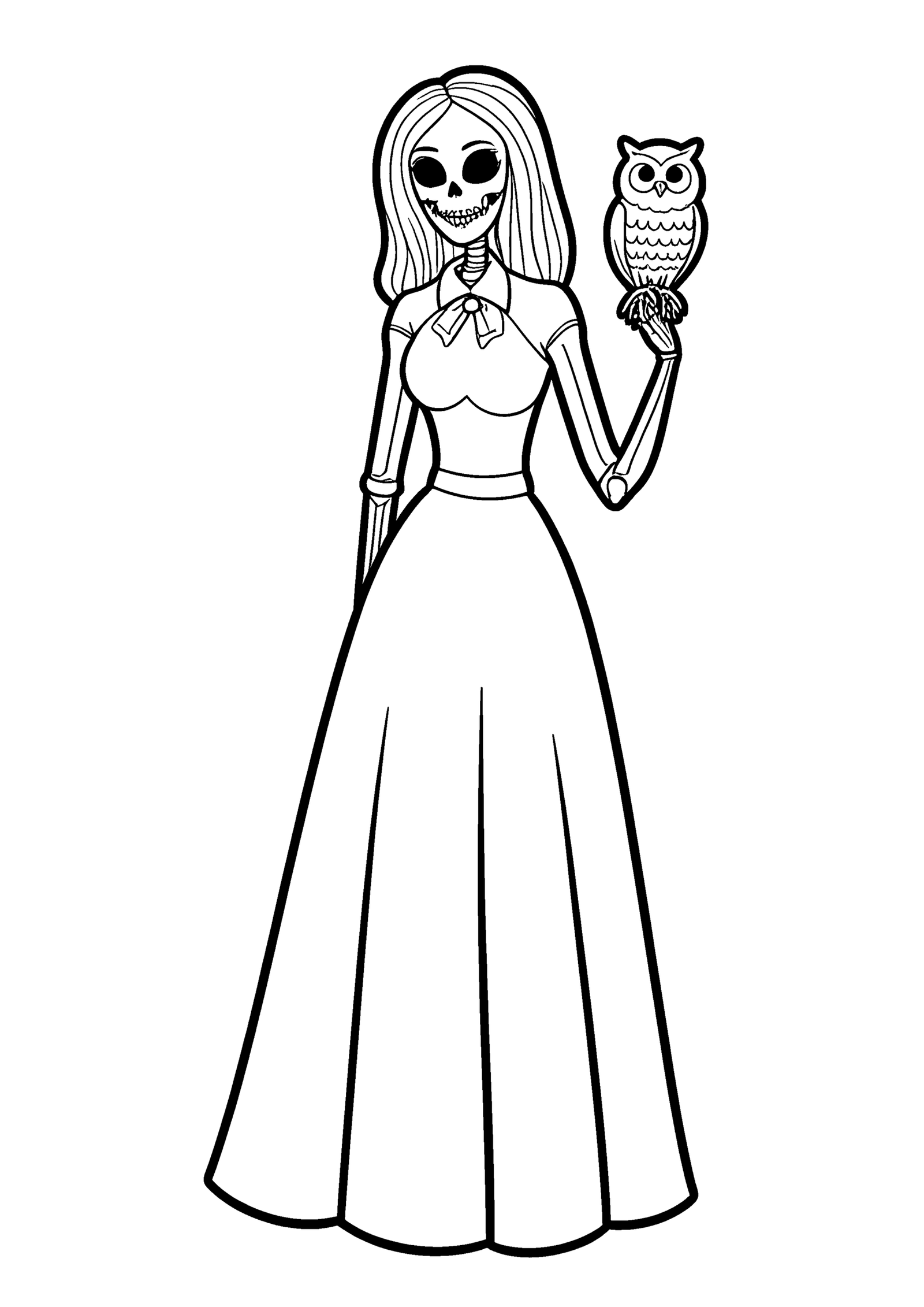 Coloriage Dame squelette avec chouette, variante 3