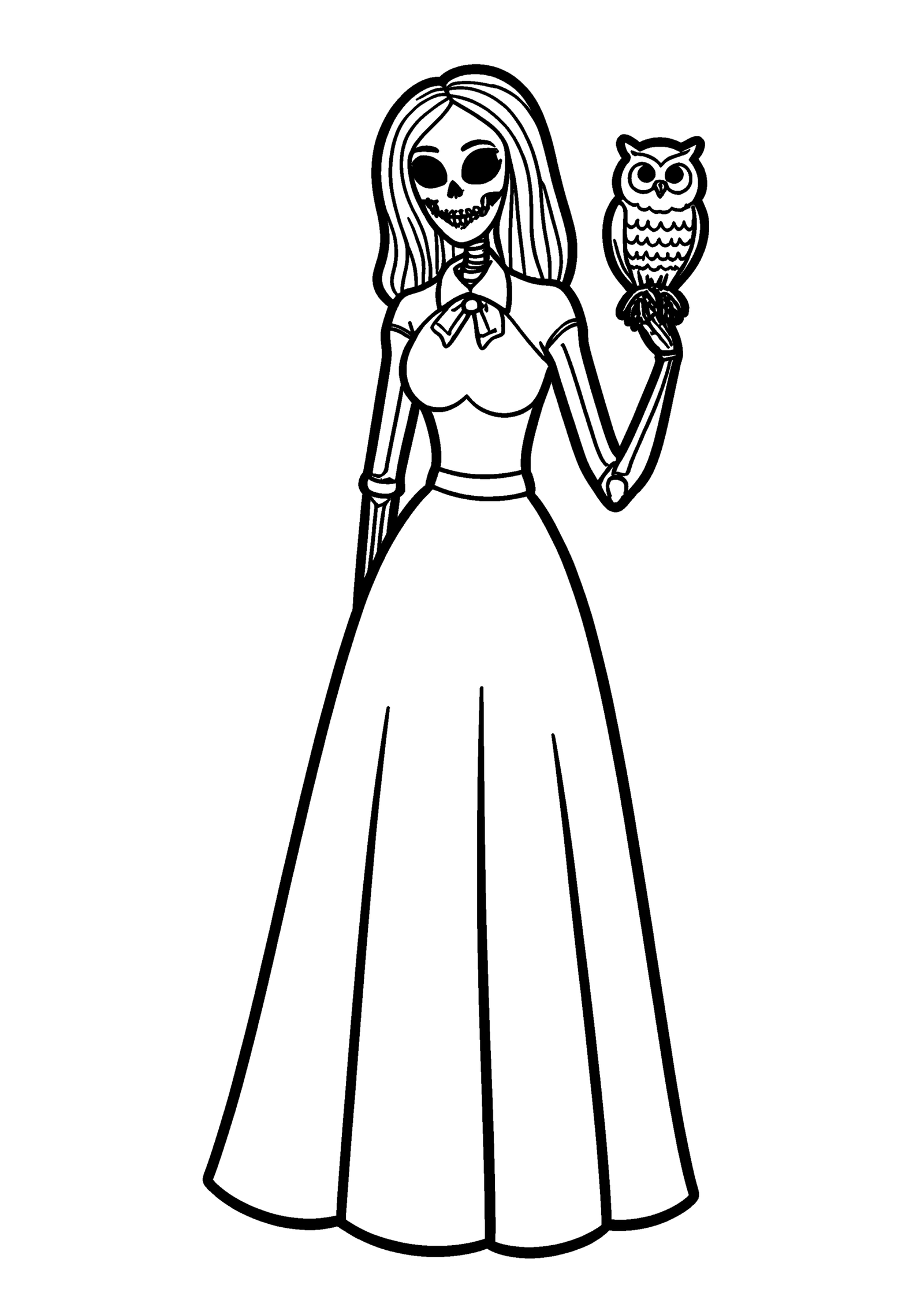 Coloriage Dame squelette avec chouette, variante 4
