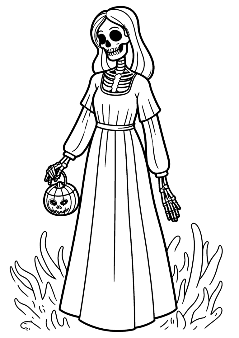 Coloriage Dame squelette avec citrouille à imprimer gratuitement