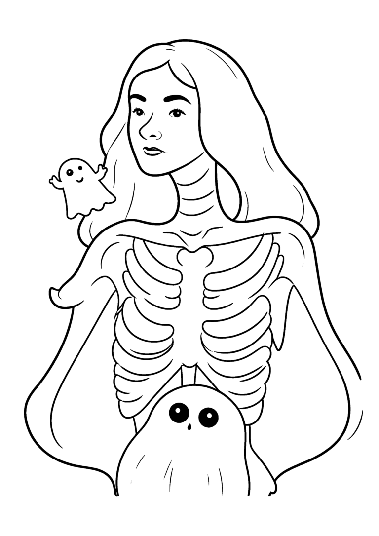 Coloriage Dame squelette avec petit fantôme à imprimer gratuitement