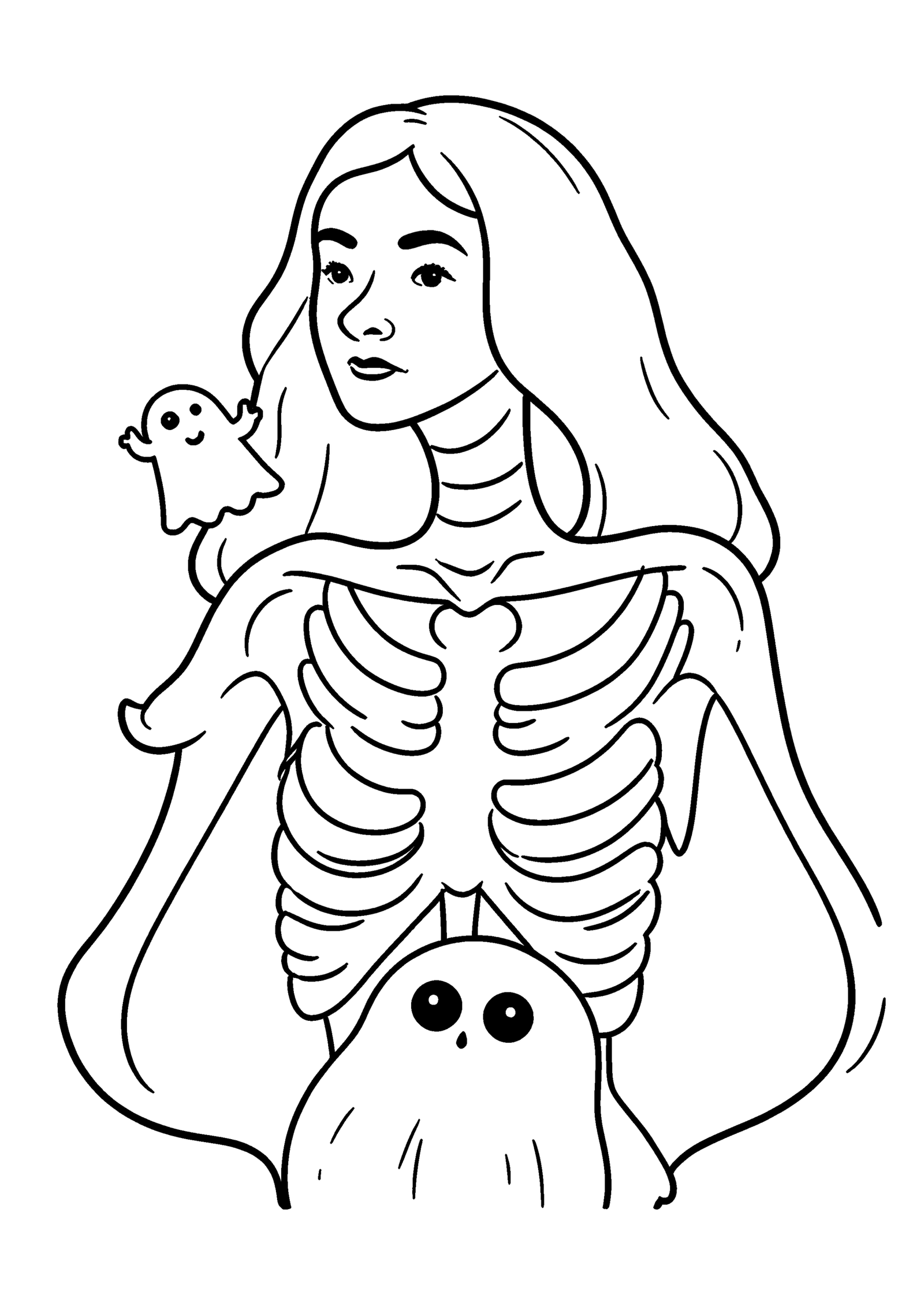 Coloriage Dame squelette avec petit fantôme, variante 2