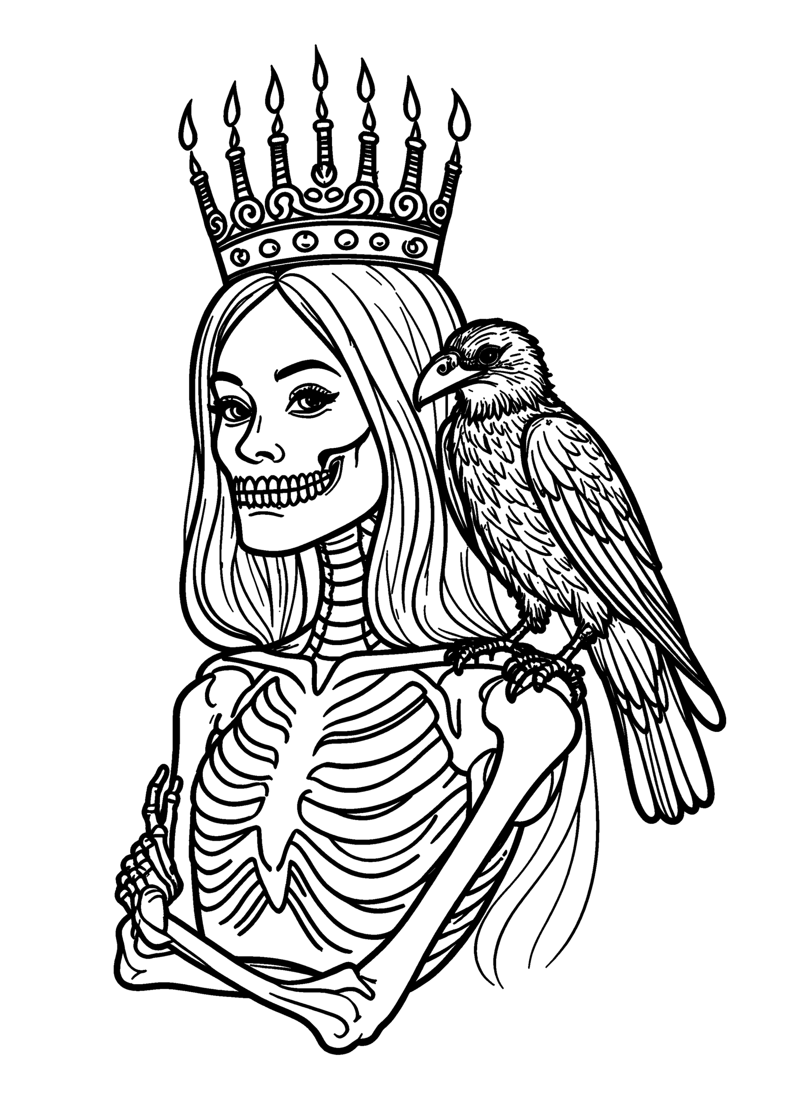 Coloriage Dame squelette couronnée de bougies à imprimer