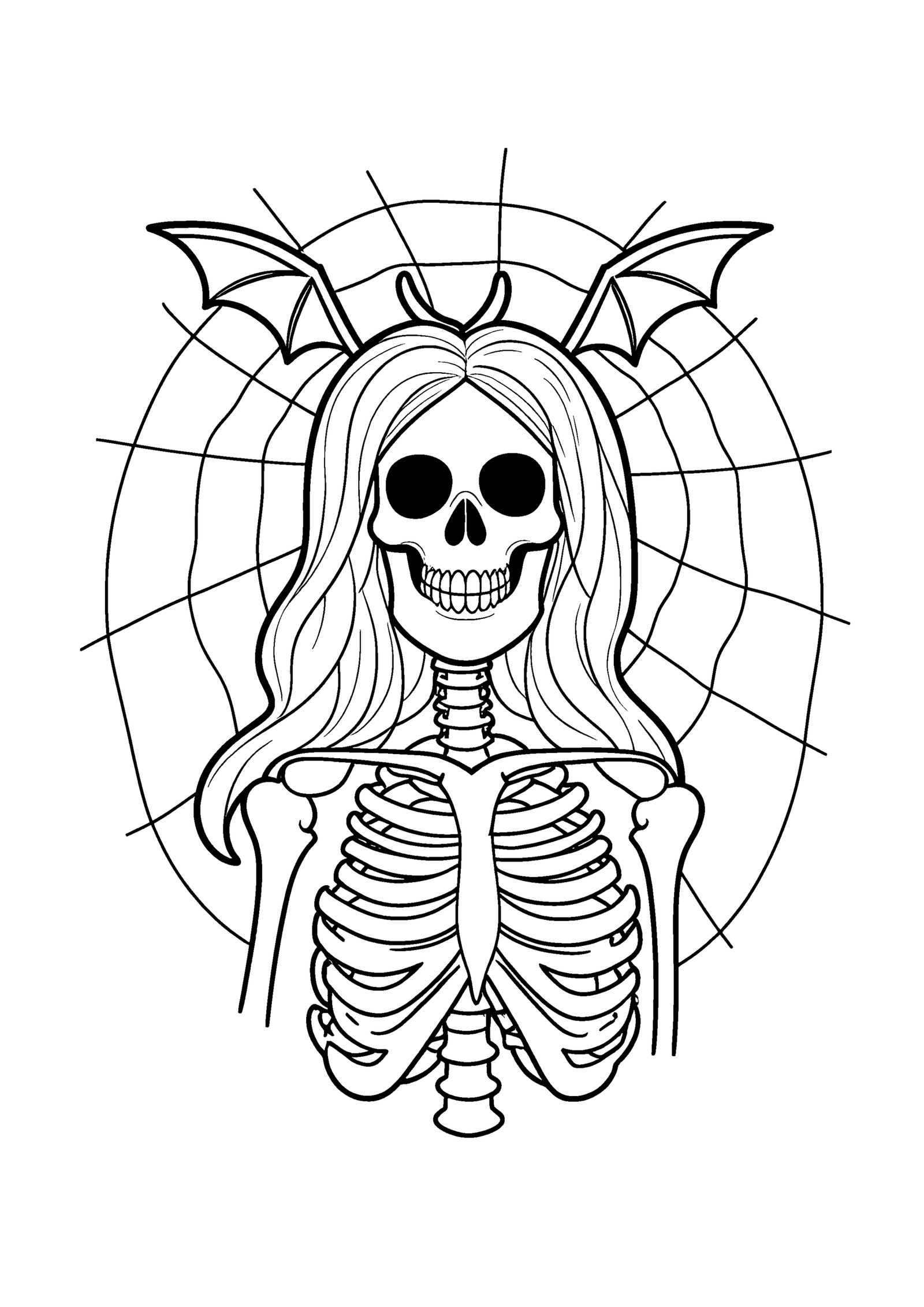 Coloriage Dame squelette couronnée de chauves-souris à imprimer