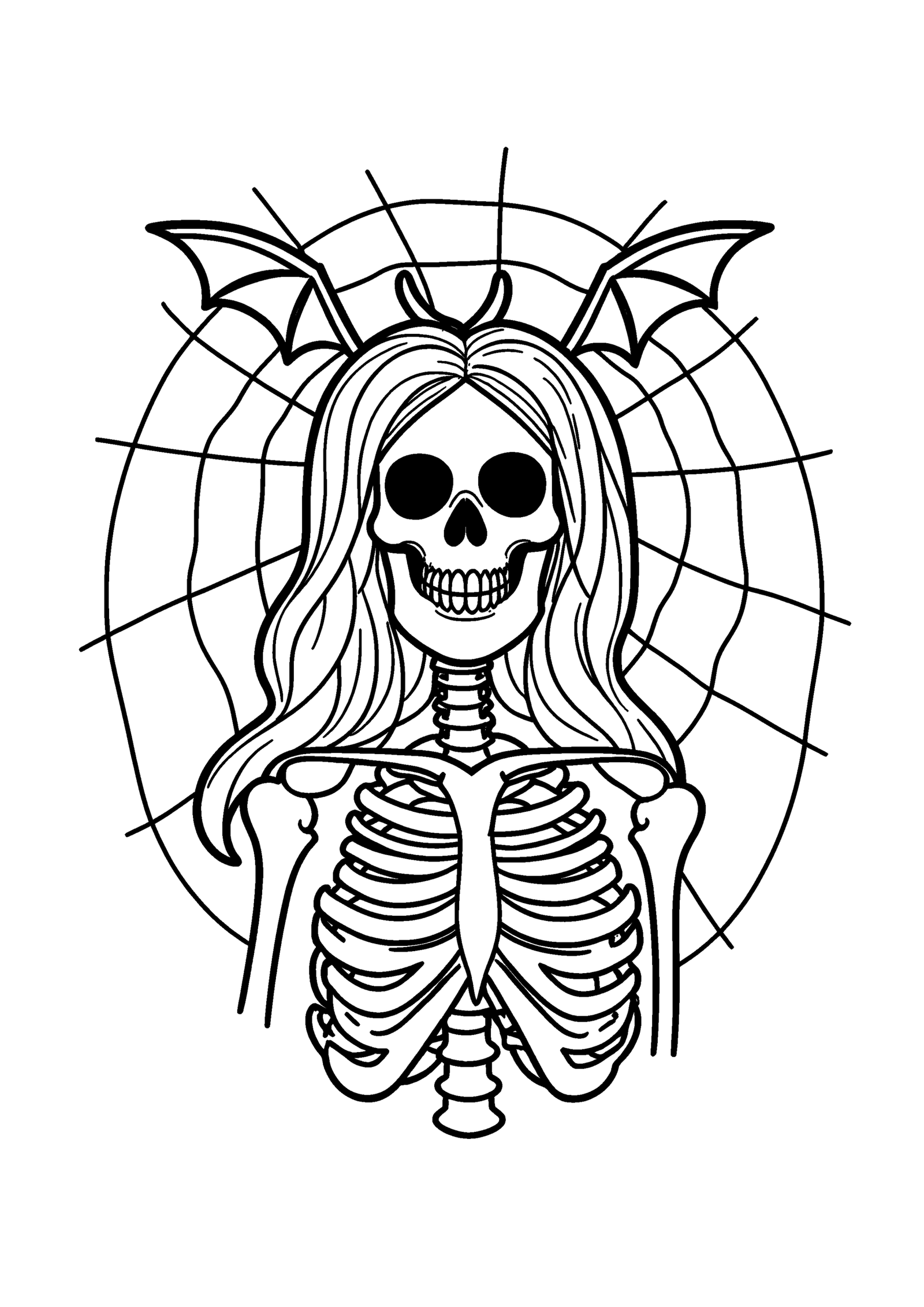 Coloriage Dame squelette couronnée de chauves-souris, variante 2